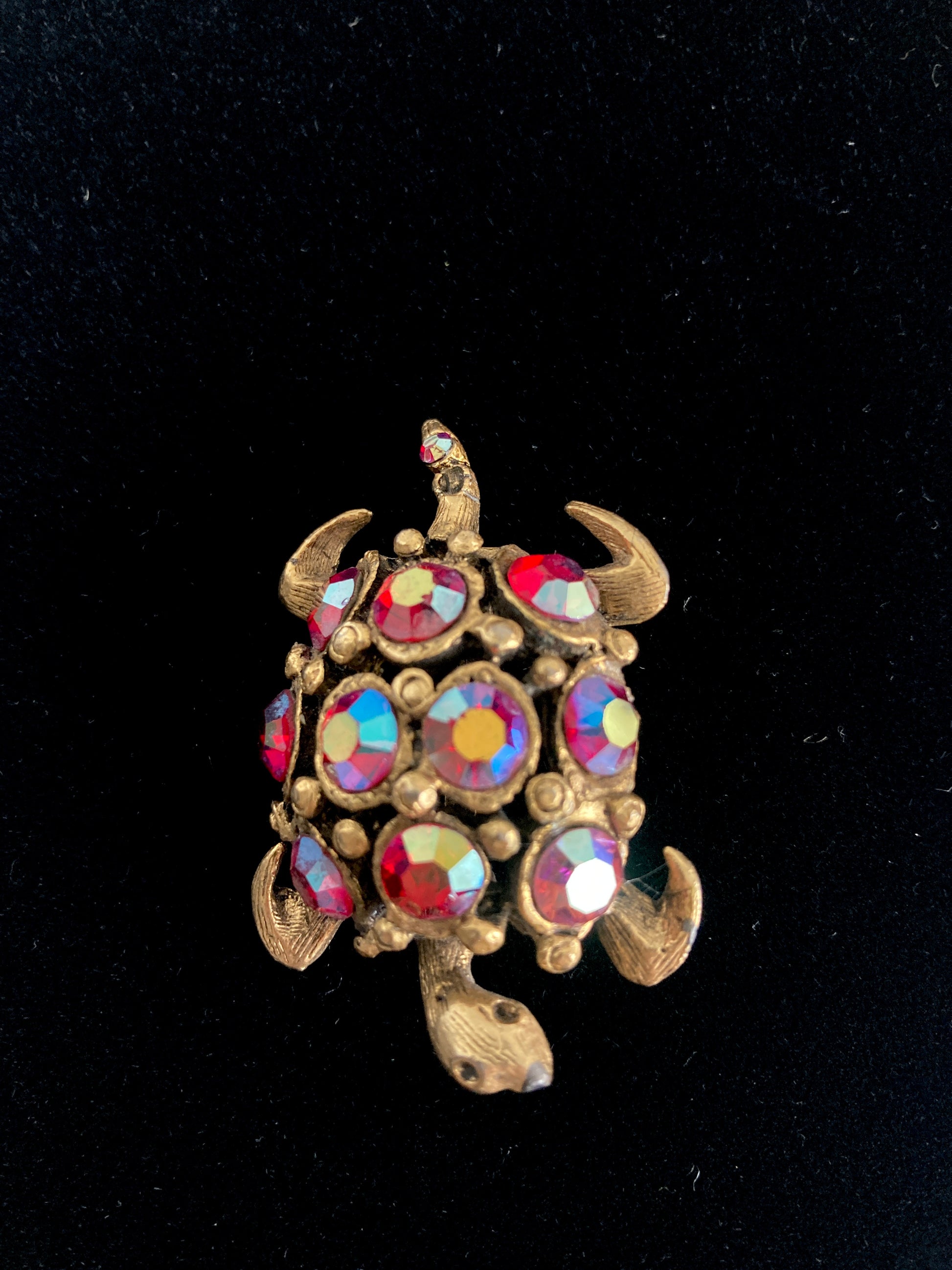 Turtle Brooch in Red Aurora Borealis Rhinestones