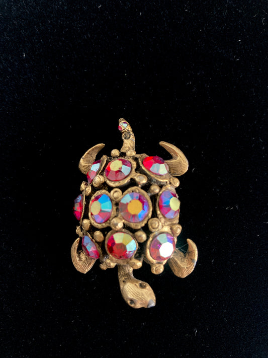 Turtle Brooch in Red Aurora Borealis Rhinestones