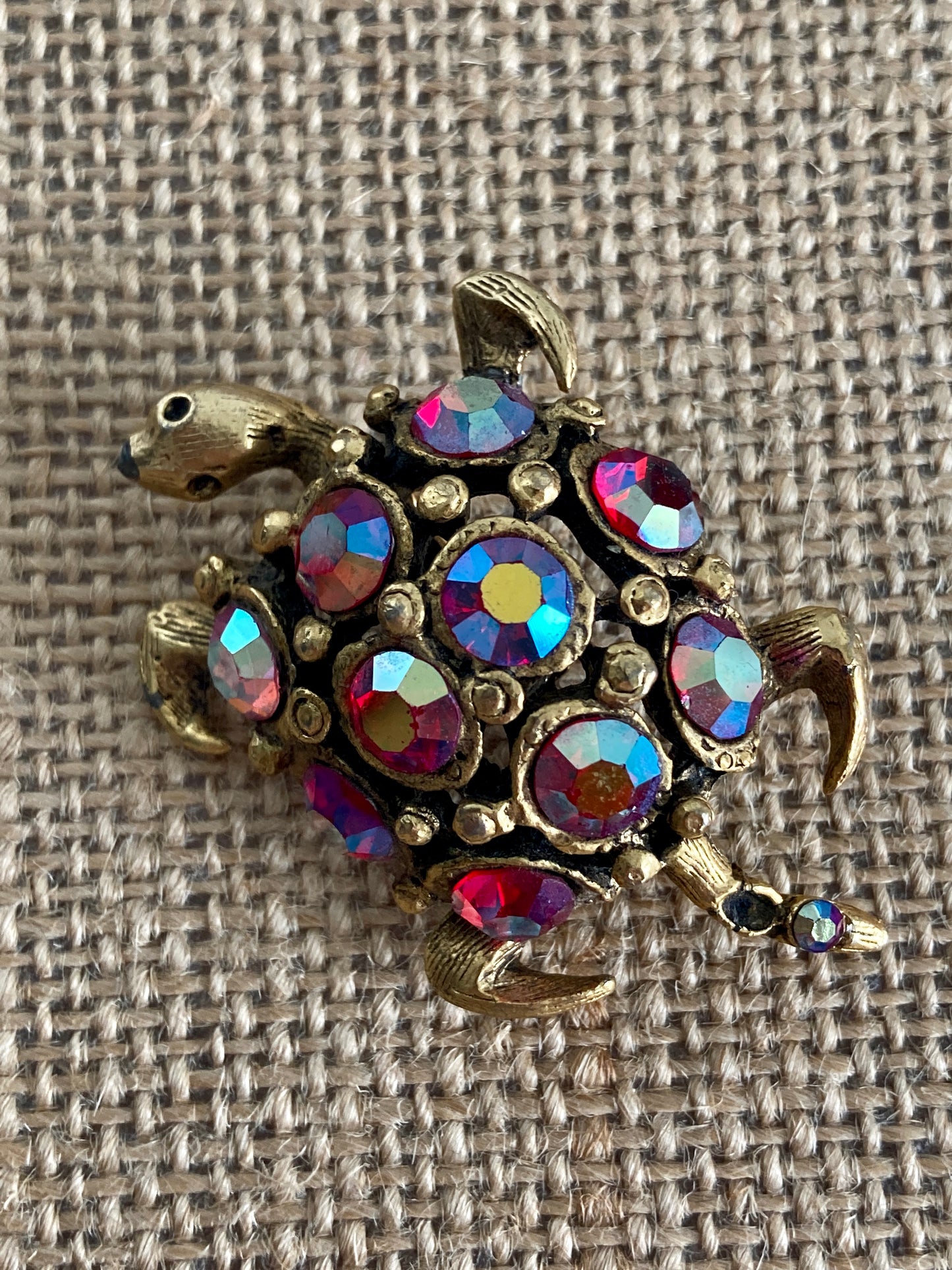 Turtle Brooch in Red Aurora Borealis Rhinestones