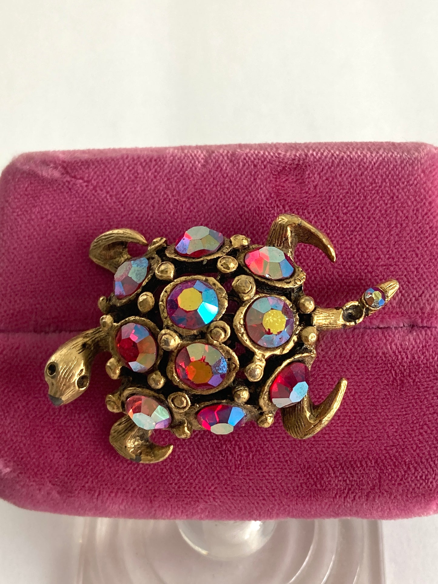 Turtle Brooch in Red Aurora Borealis Rhinestones