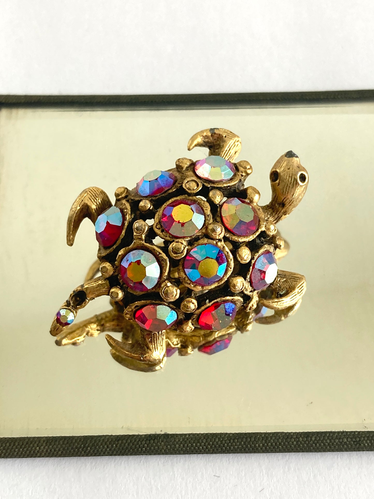 Turtle Brooch in Red Aurora Borealis Rhinestones