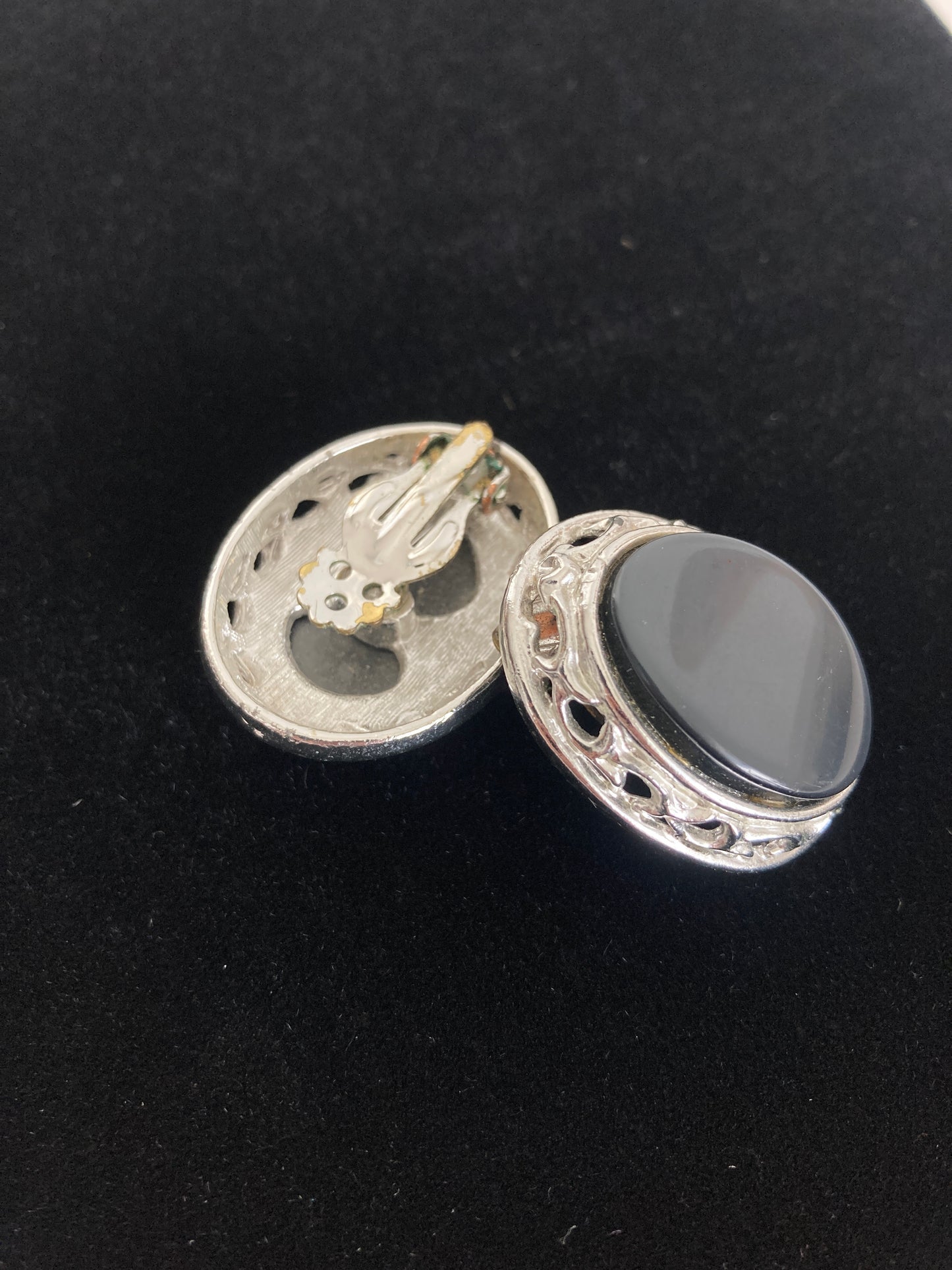 Dark Grey and Silver-tone Oval Clip-on Earrings