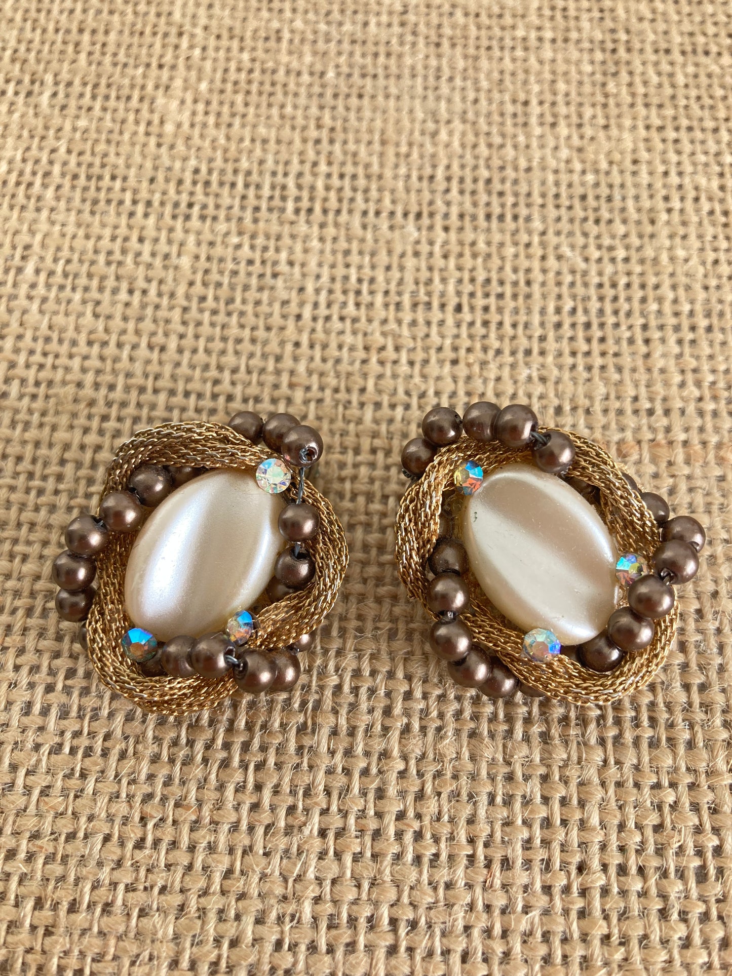 Vintage 1950s Thermoset Earrings Gold Mesh, Pearls, Rhinestones