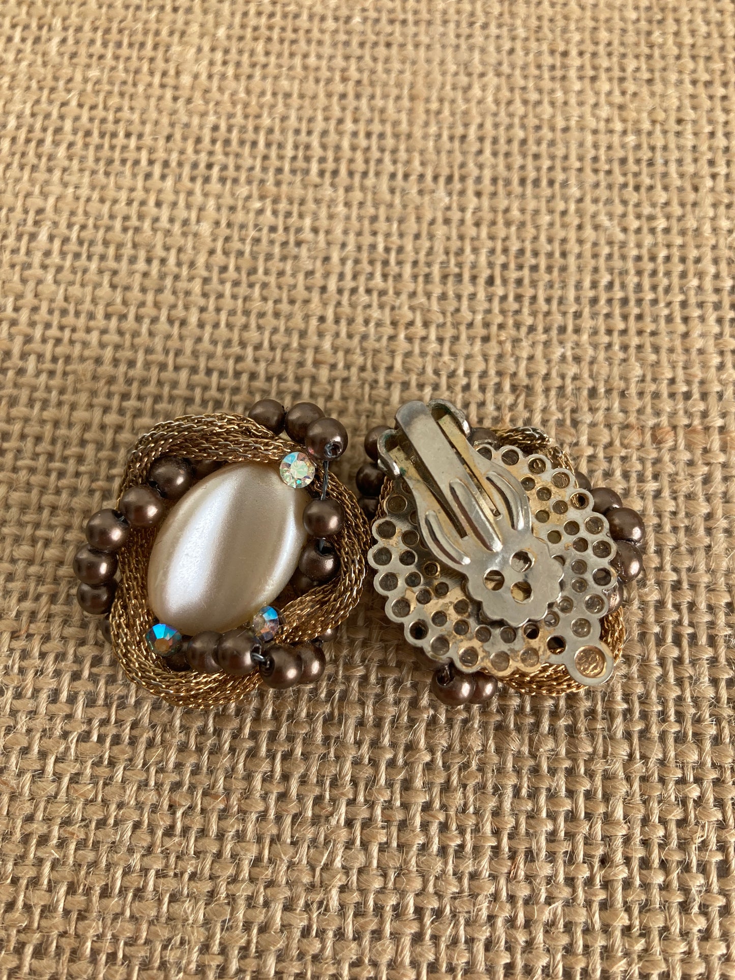 Vintage 1950s Thermoset Earrings Gold Mesh, Pearls, Rhinestones