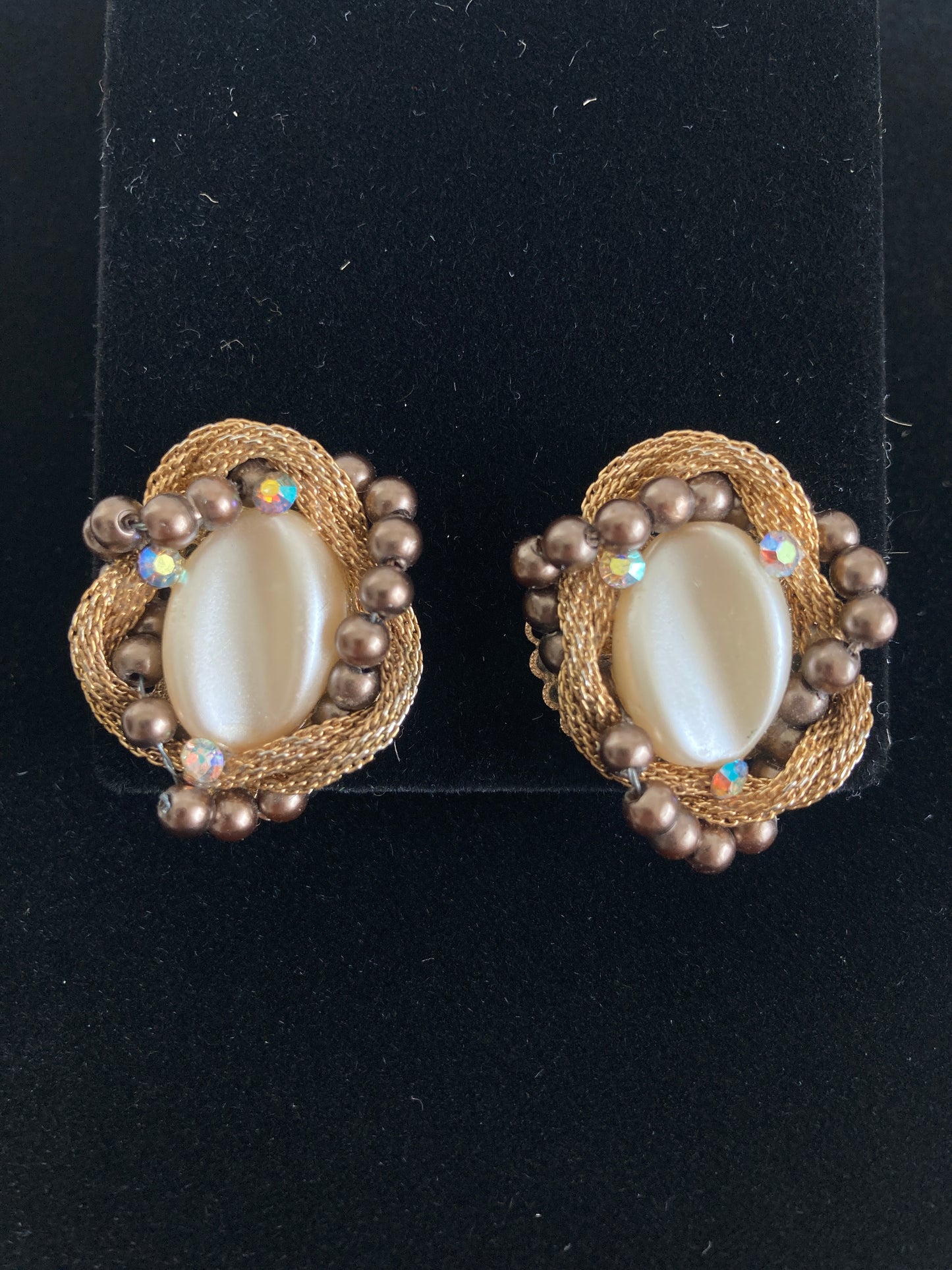 Vintage 1950s Thermoset Earrings Gold Mesh, Pearls, Rhinestones