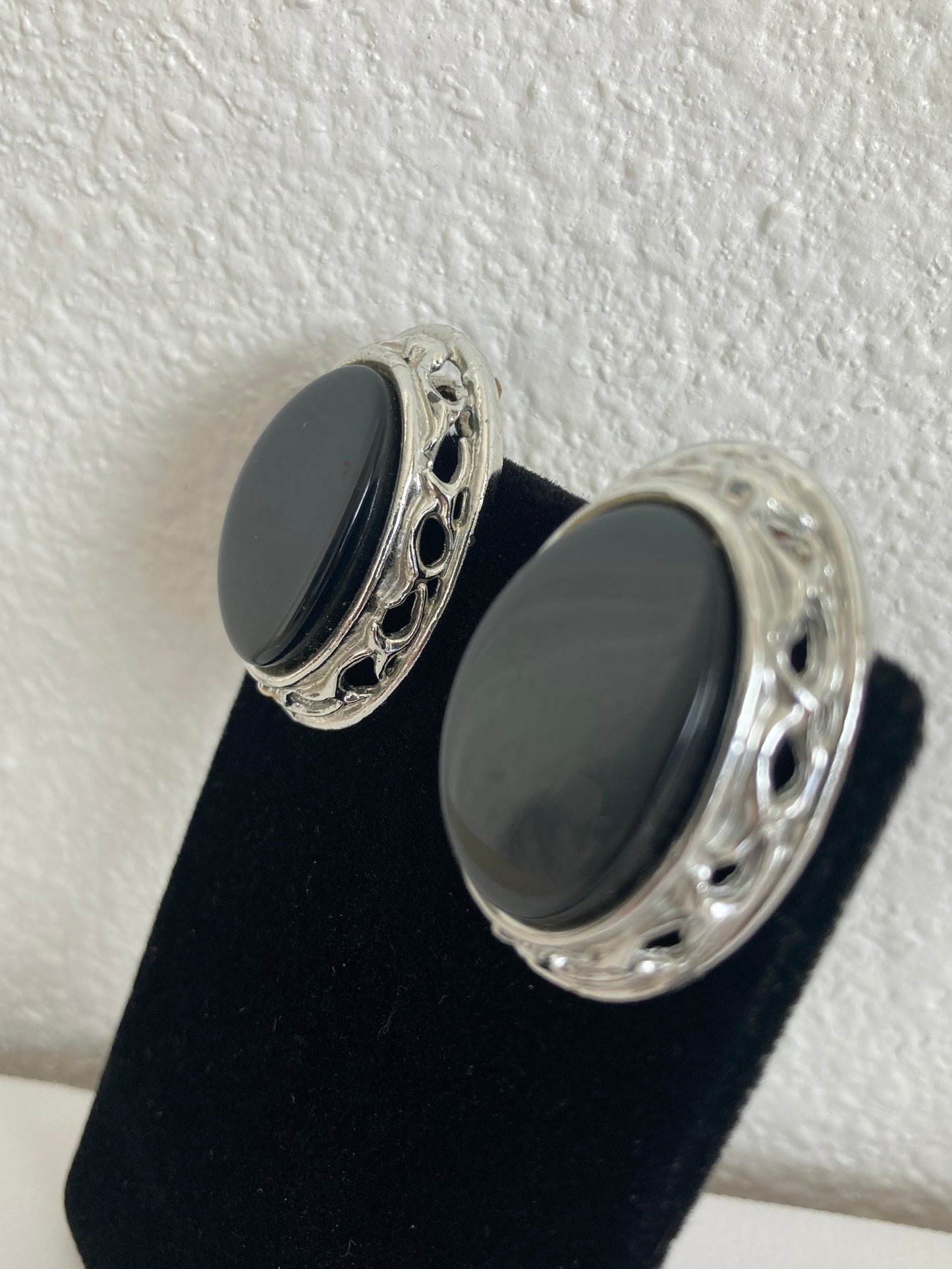 Dark Grey and Silver-tone Oval Clip-on Earrings