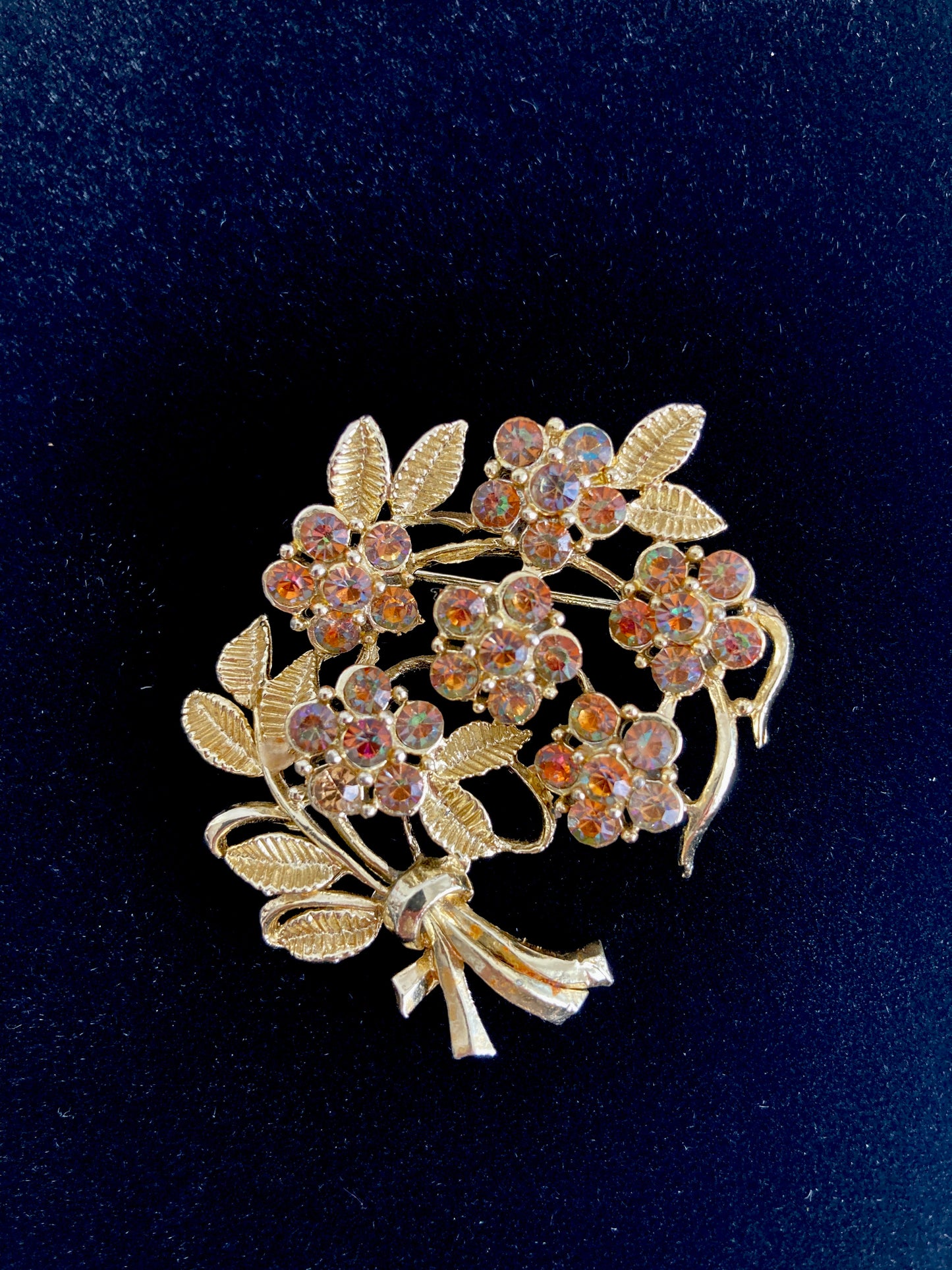 Signed Coro Flowers and Leaves Brooch Gold-tone Amber AB Rhinestones