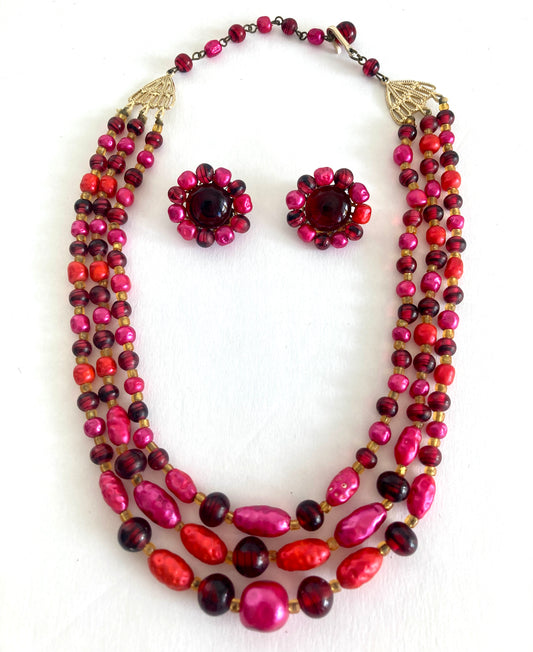 1950s Japan 3 Strand Bead Necklace and Earrings