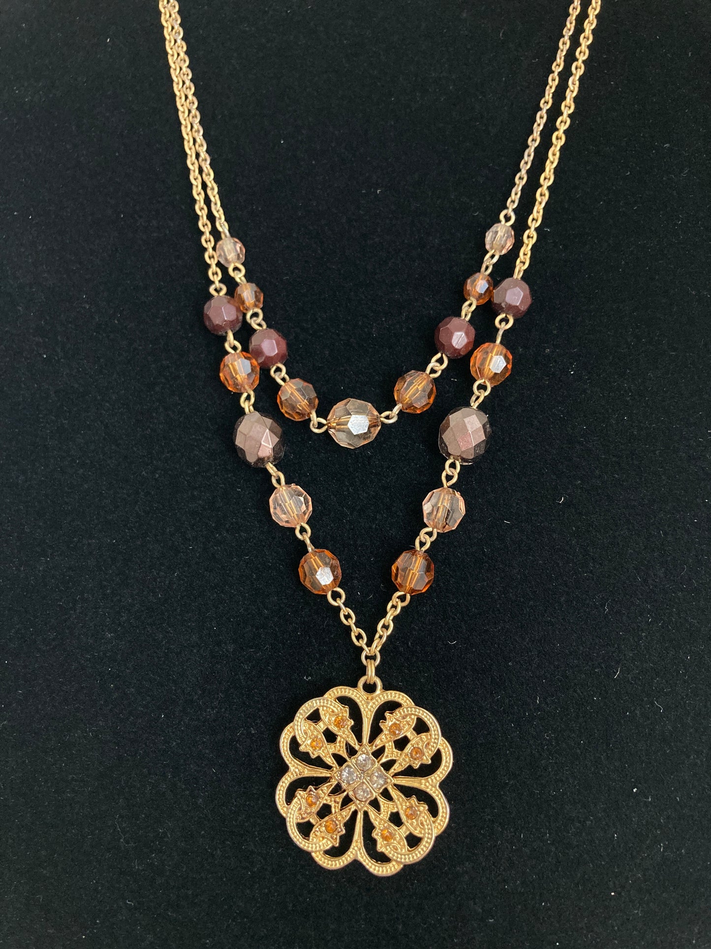 Double Layer Necklace Brown Beads Gold Tone Pendant & Chain