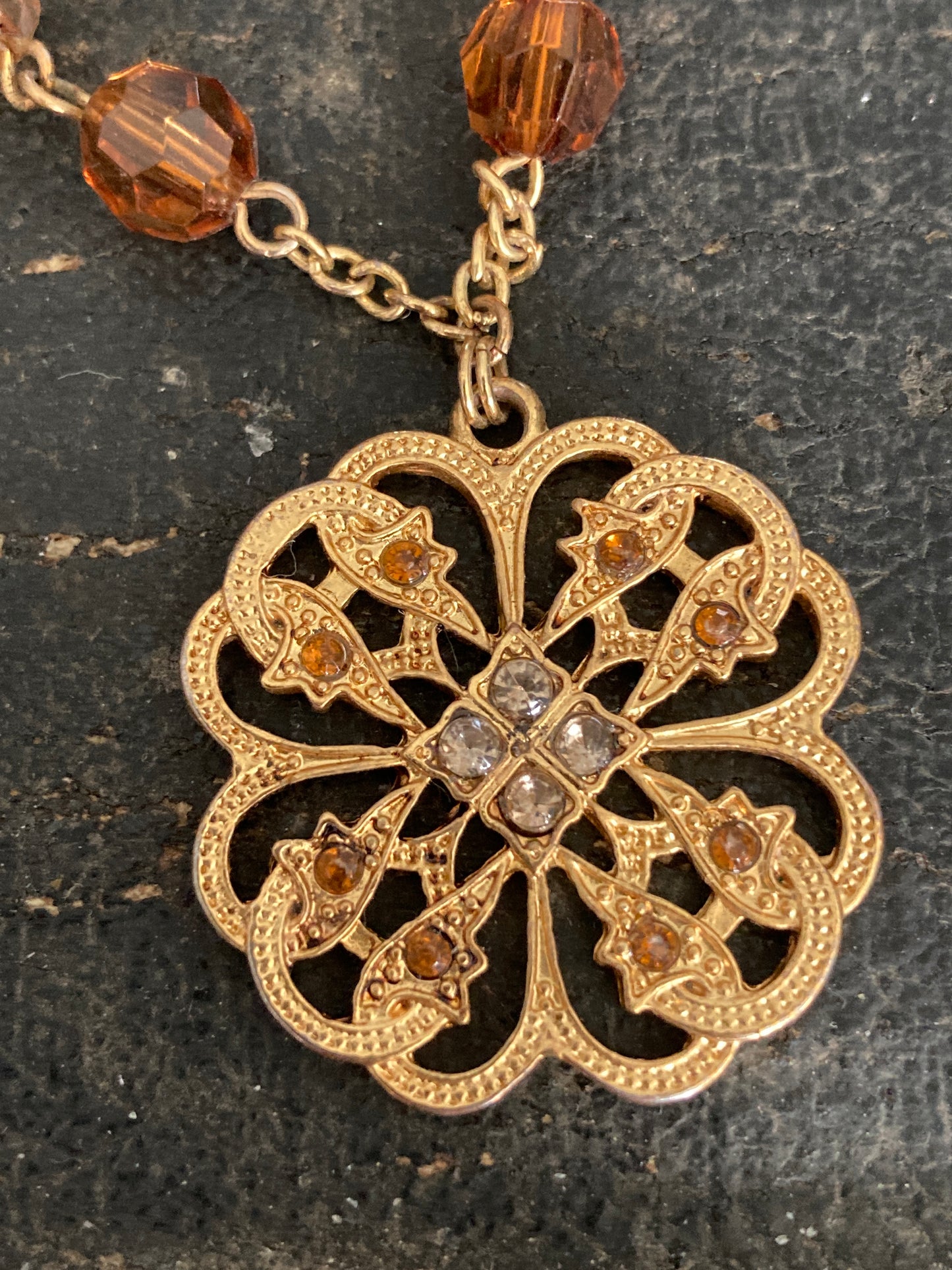 Double Layer Necklace Brown Beads Gold Tone Pendant & Chain