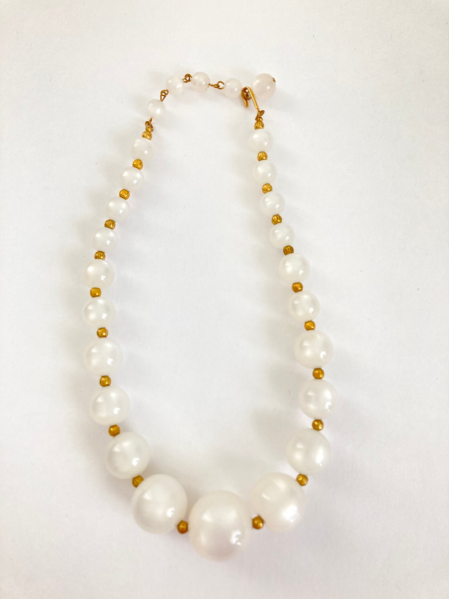 White Moonglow Graduated Bead Necklace Gold Spacers