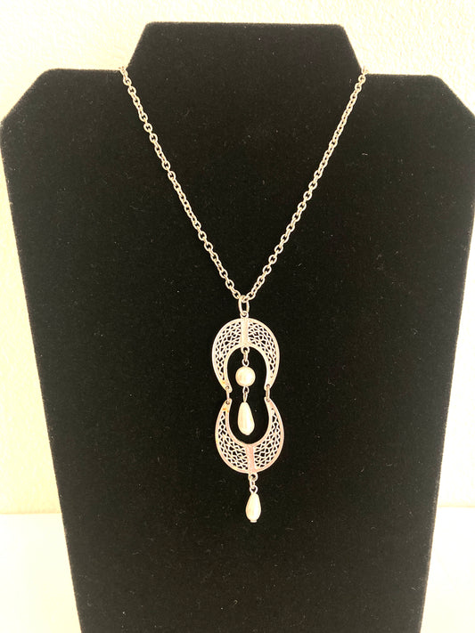 Vintage Hinged Double Drop Faux Pearl Pendant Necklace