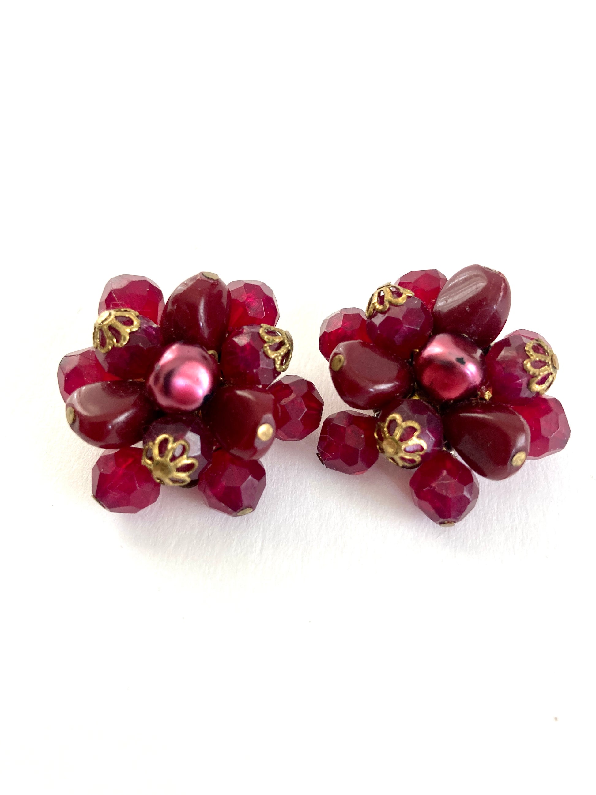Vintage Cluster Earrings Pomegranate Red Clip Ons