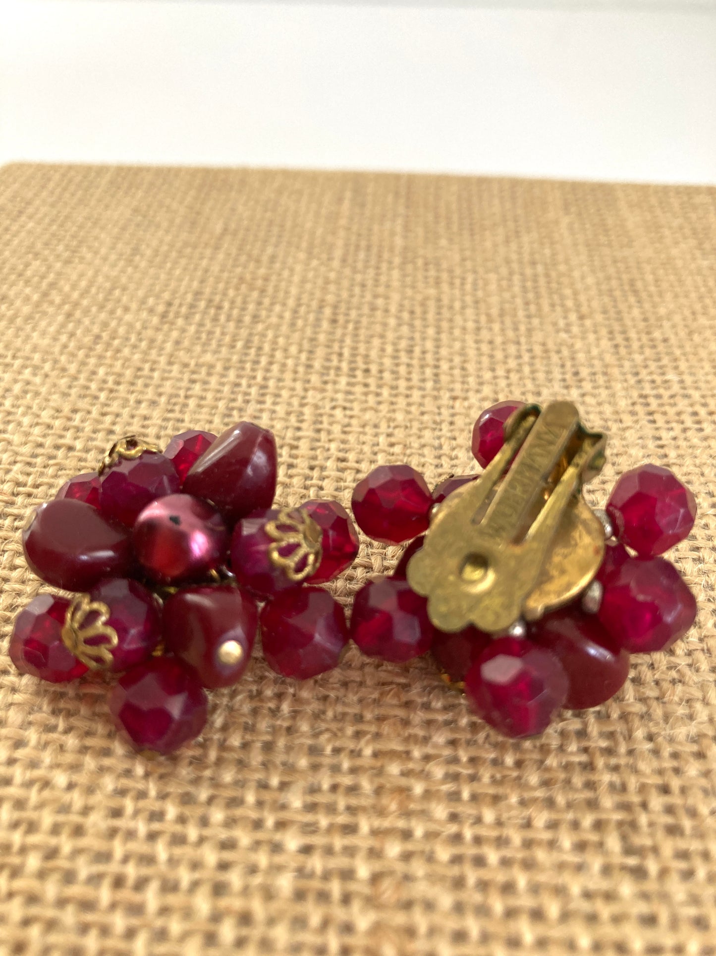 Vintage Cluster Earrings Pomegranate Red Clip Ons