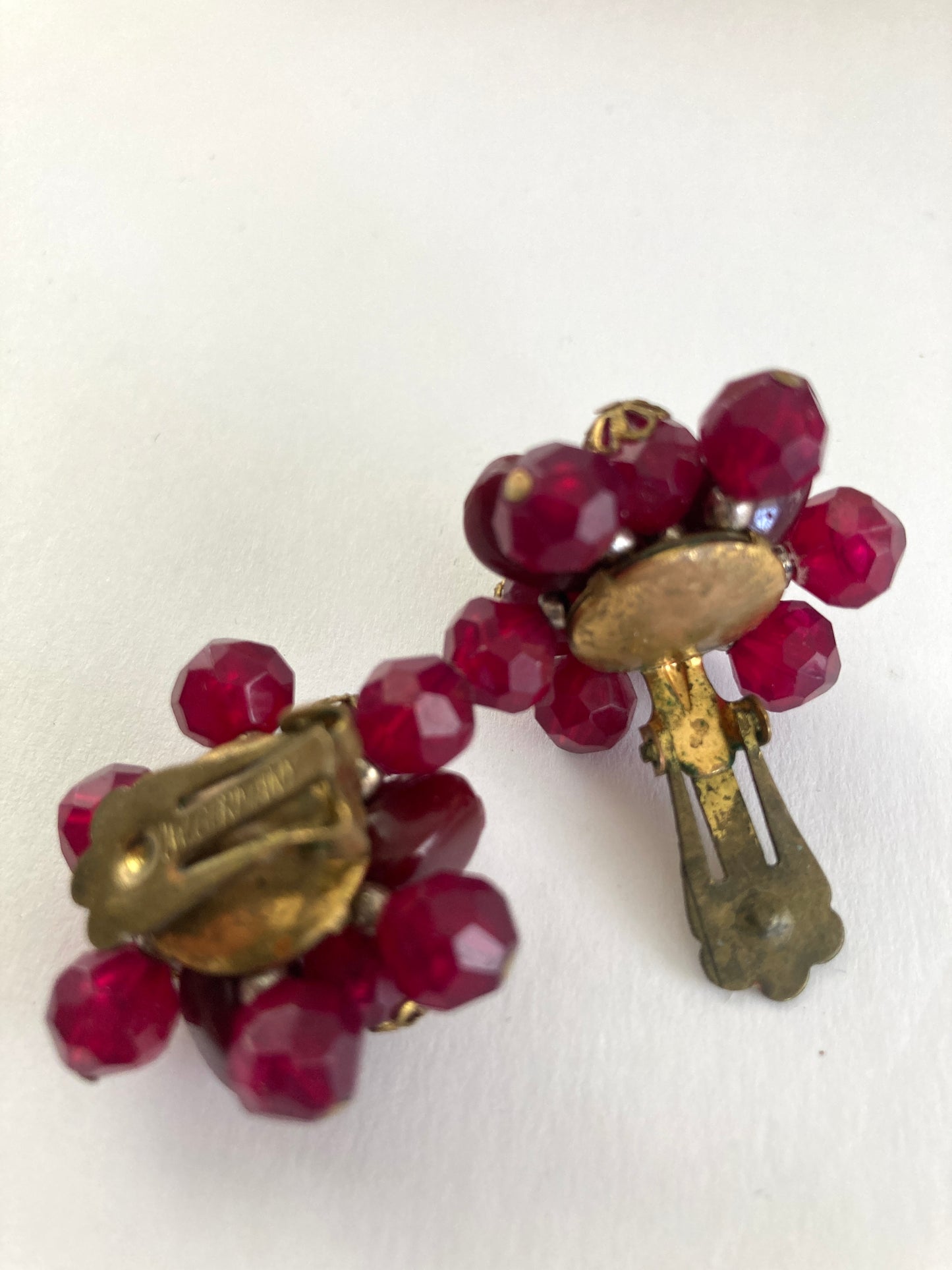 Vintage Cluster Earrings Pomegranate Red Clip Ons