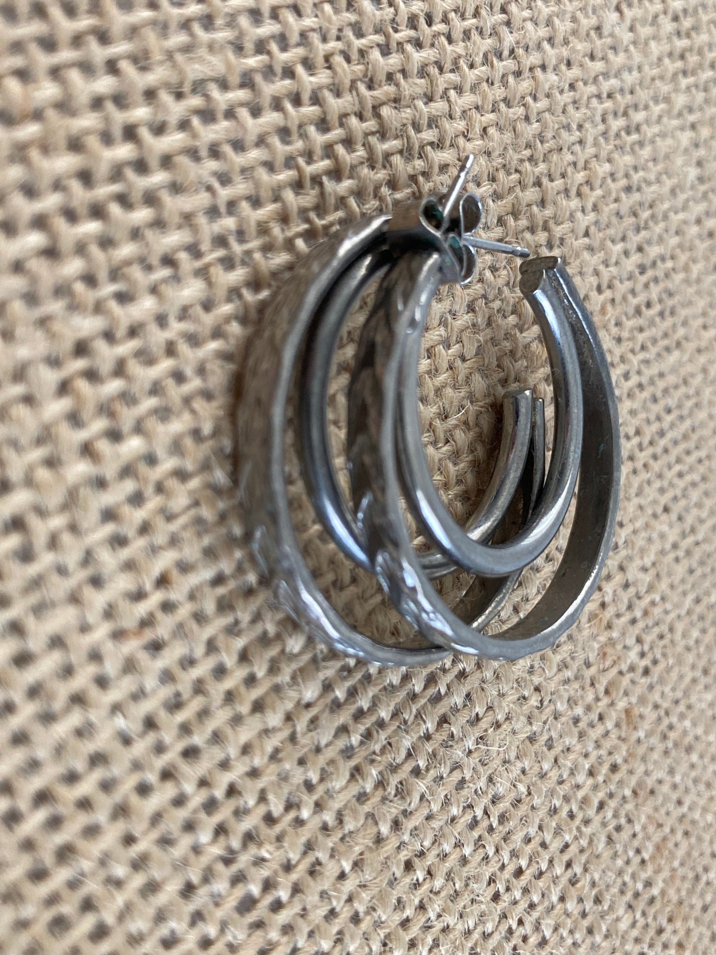 Chevron Patterned Silver-tone Double Hoop Pierced Earrings