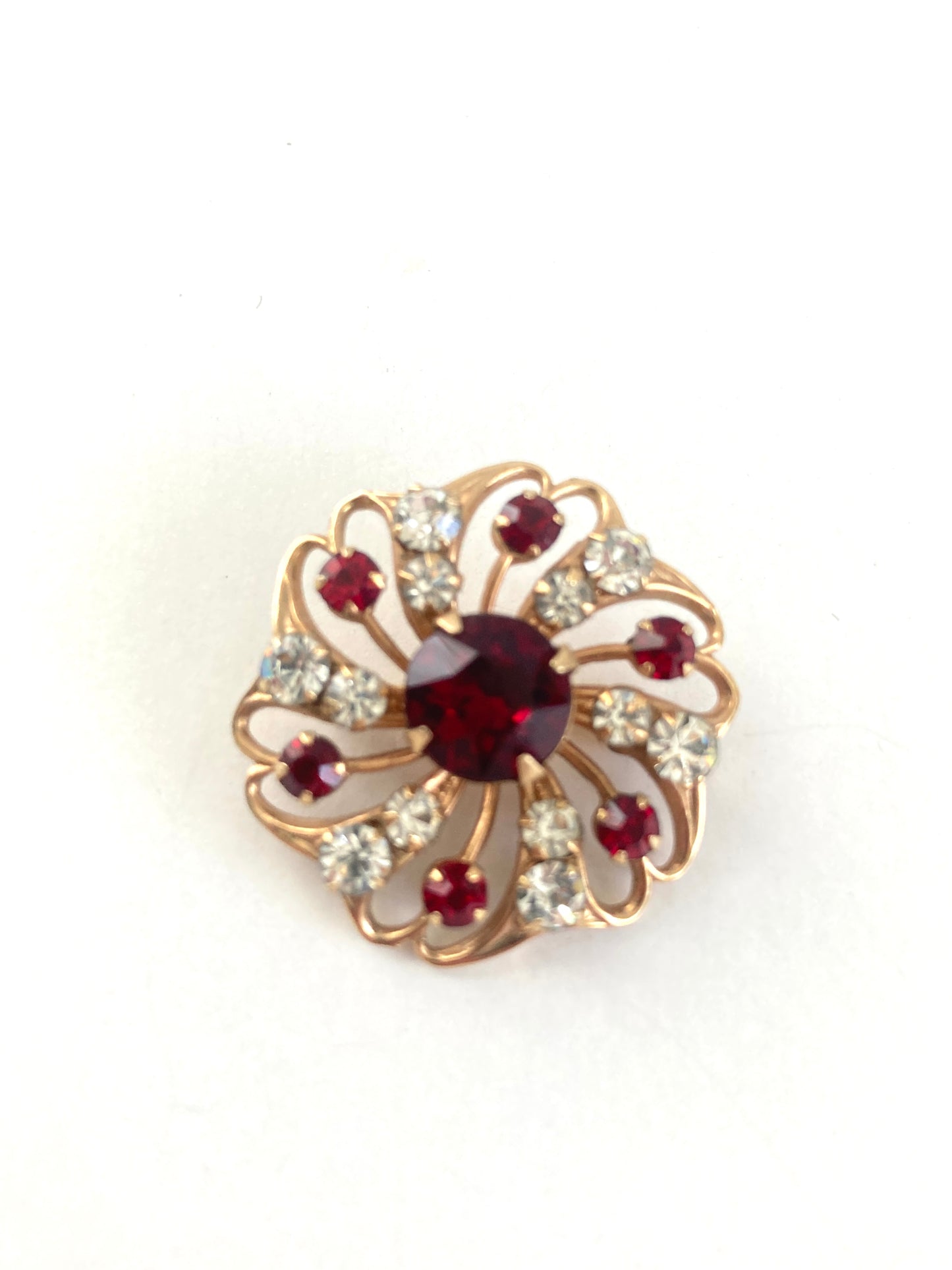 1950s Red and White Rhinestone Starburst Swirl Brooch