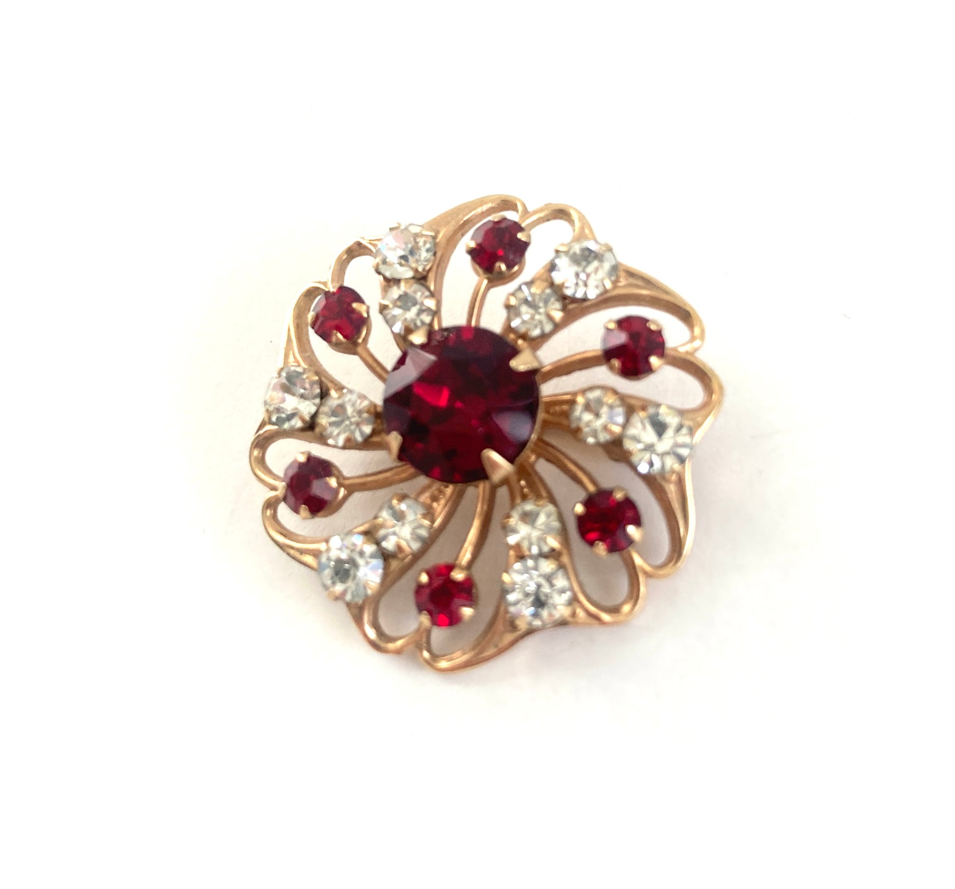1950s Red and White Rhinestone Starburst Swirl Brooch