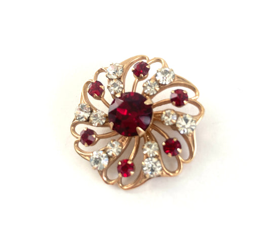 1950s Red and White Rhinestone Starburst Swirl Brooch