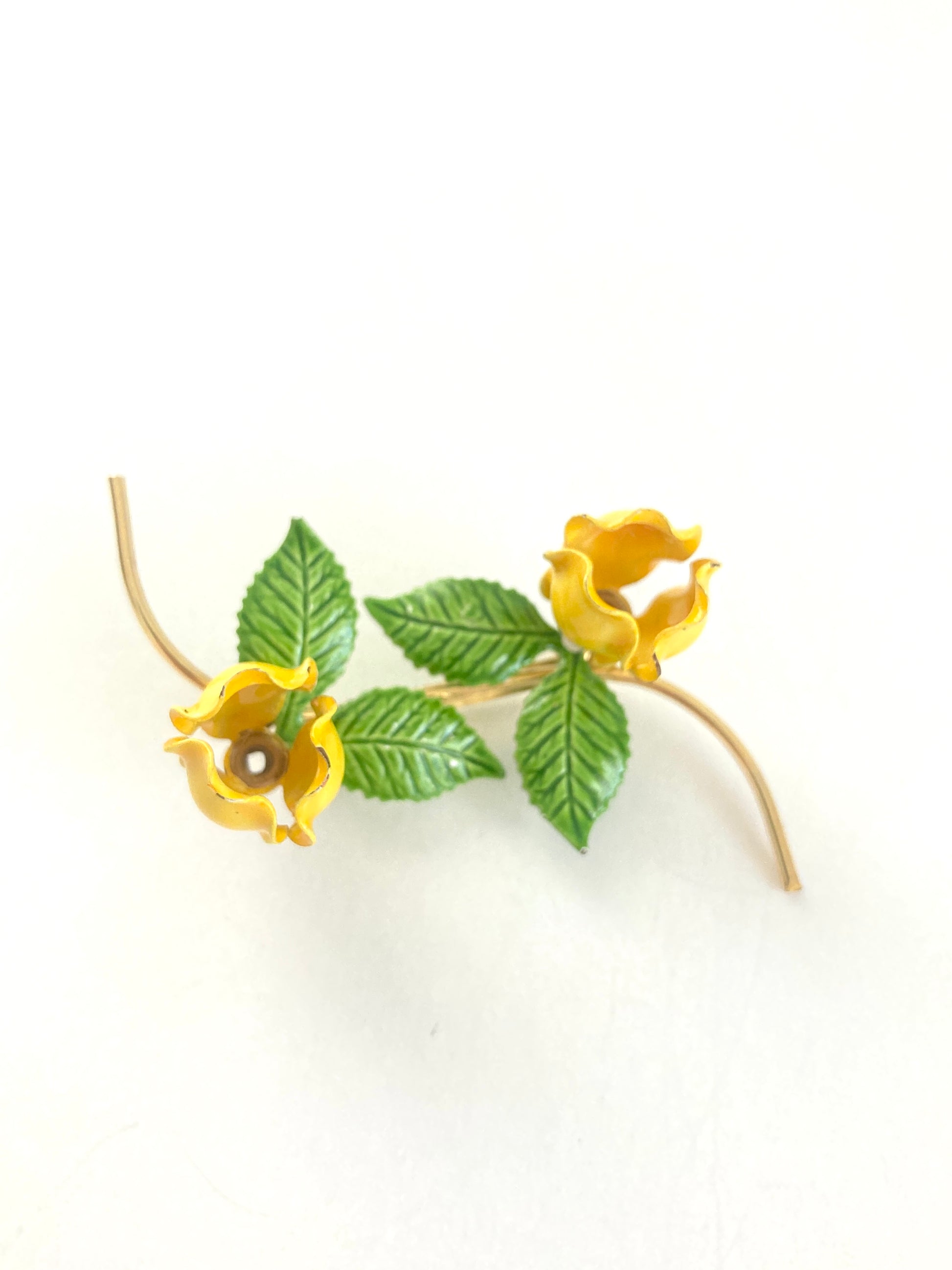 Vintage Enamel Double Flower Brooch Yellow and Green