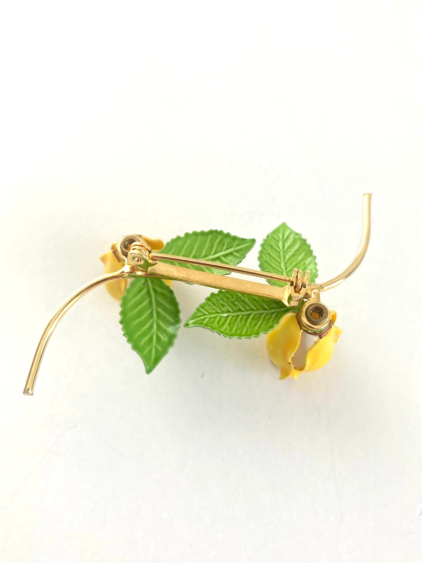 Vintage Enamel Double Flower Brooch Yellow and Green