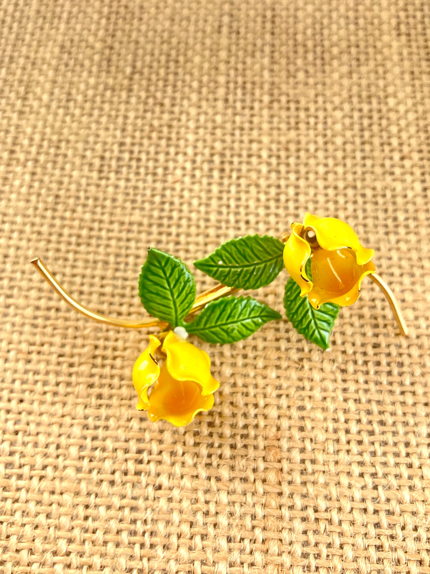 Vintage Enamel Double Flower Brooch Yellow and Green