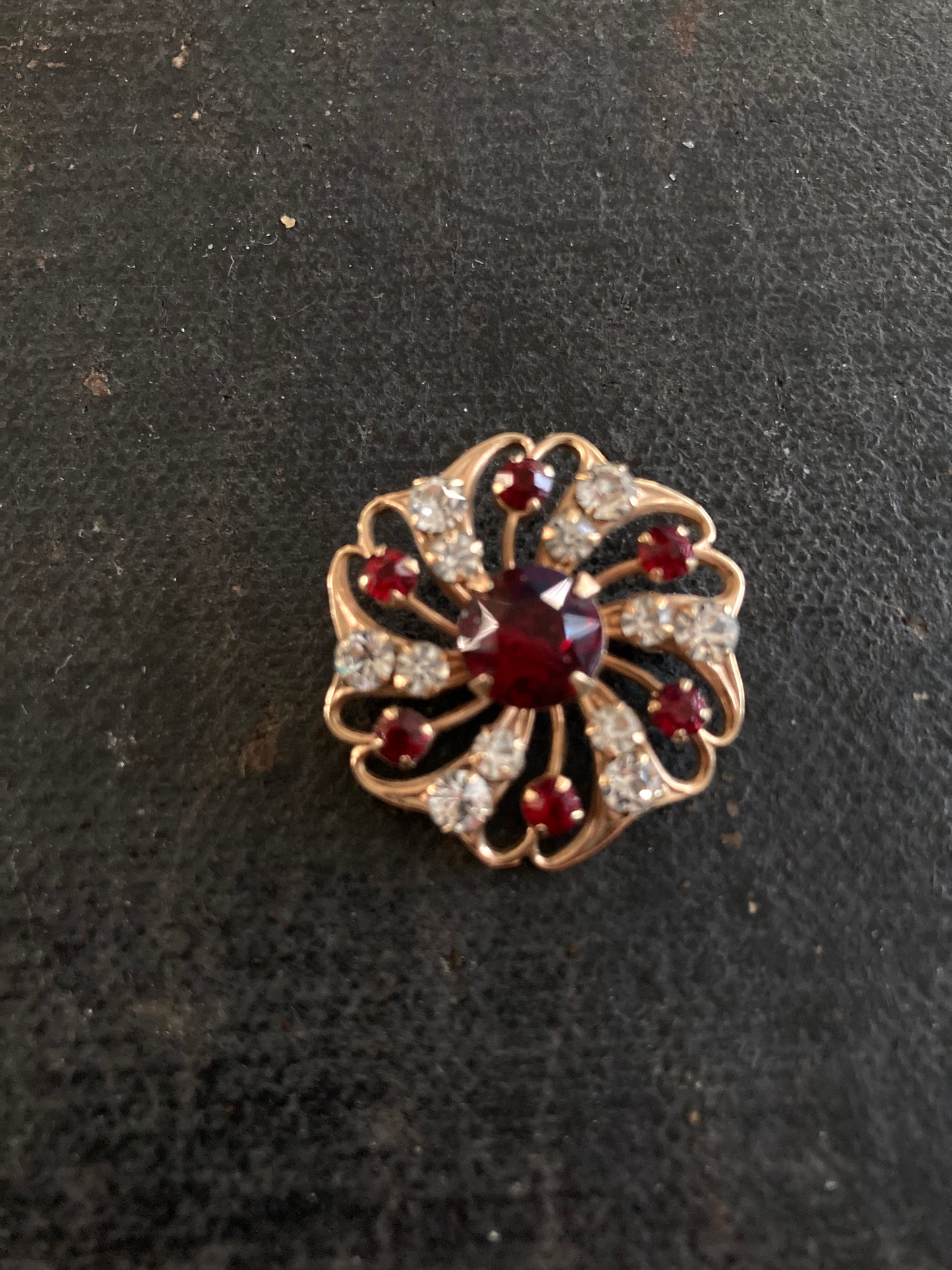1950s Red and White Rhinestone Starburst Swirl Brooch