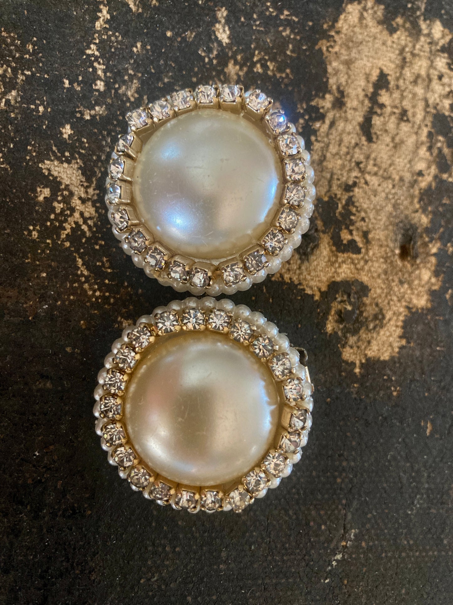 1960s Large Rhinestone and Pearl Button Earrings