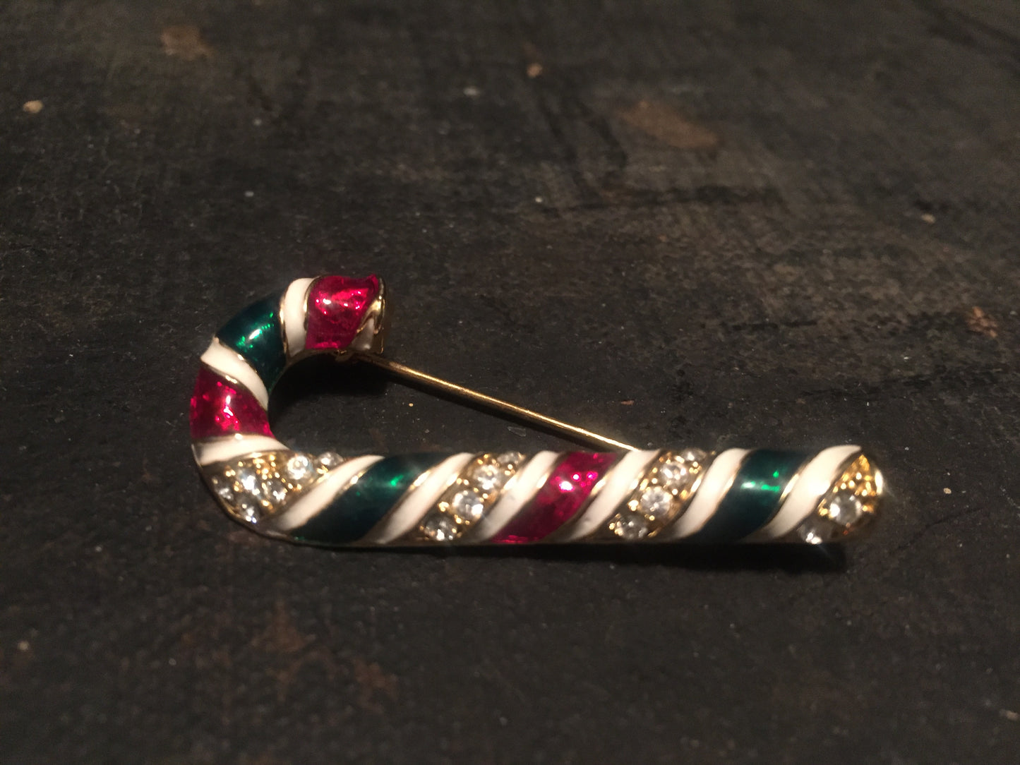 Vintage Candy Cane Brooch Rhinestone Enamel