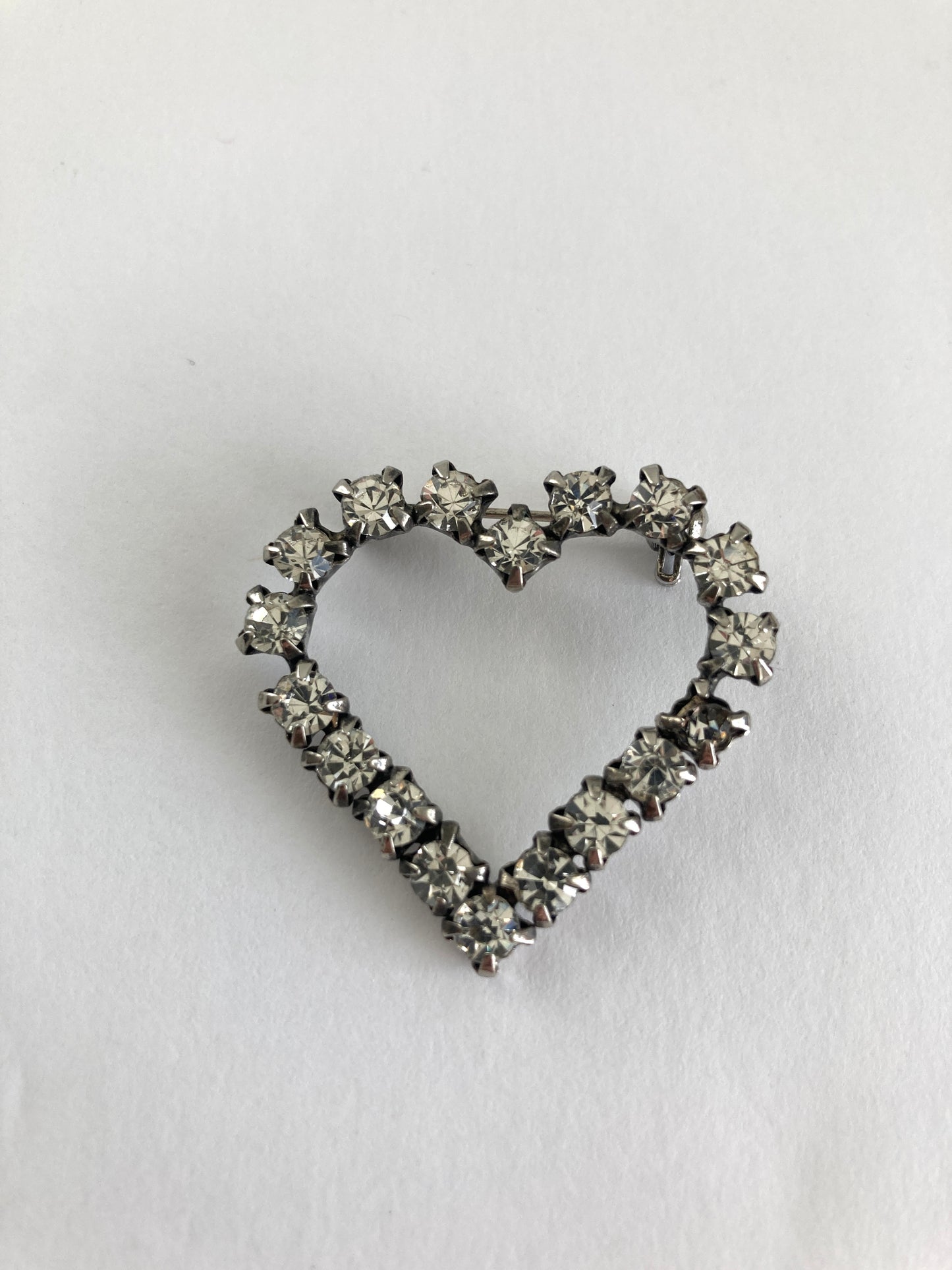 Vintage Clear Rhinestone Open Heart Brooch in Silver
