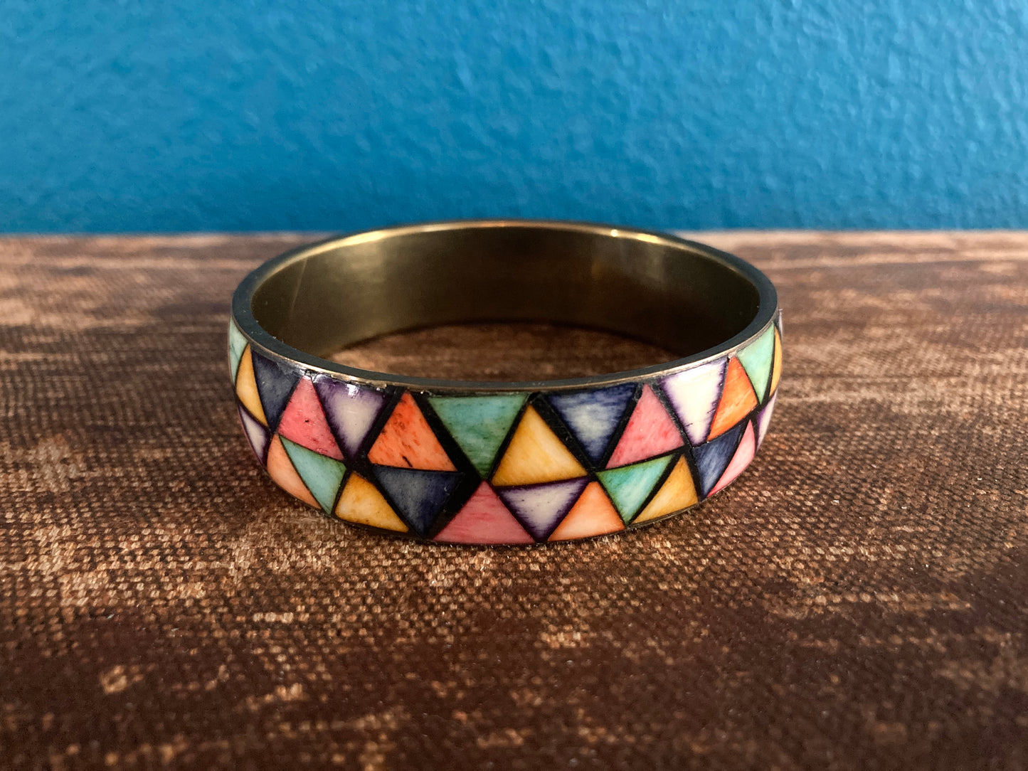 Colorful Geometric Bone Inlay Brass Bangle
