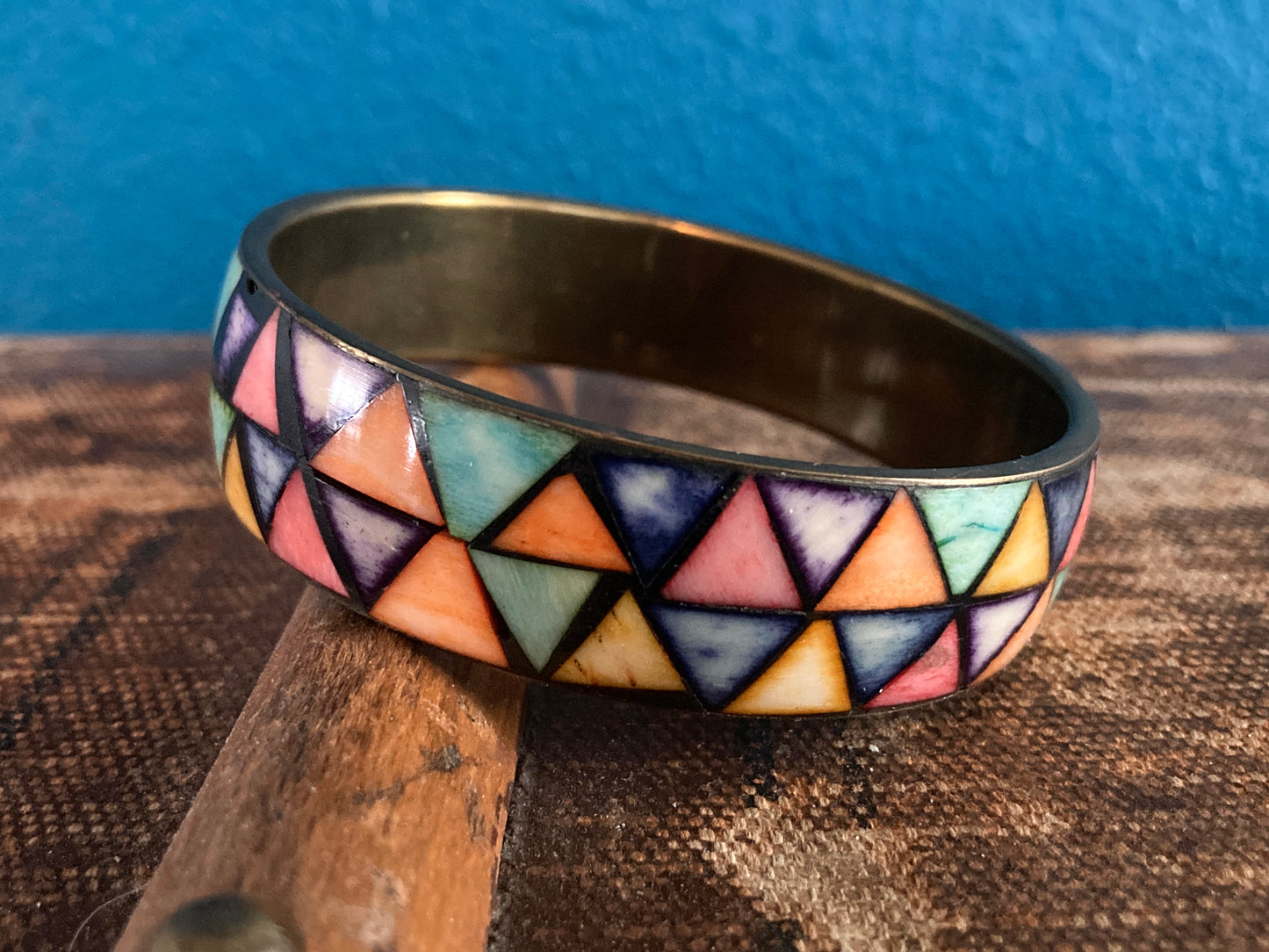 Colorful Geometric Bone Inlay Brass Bangle