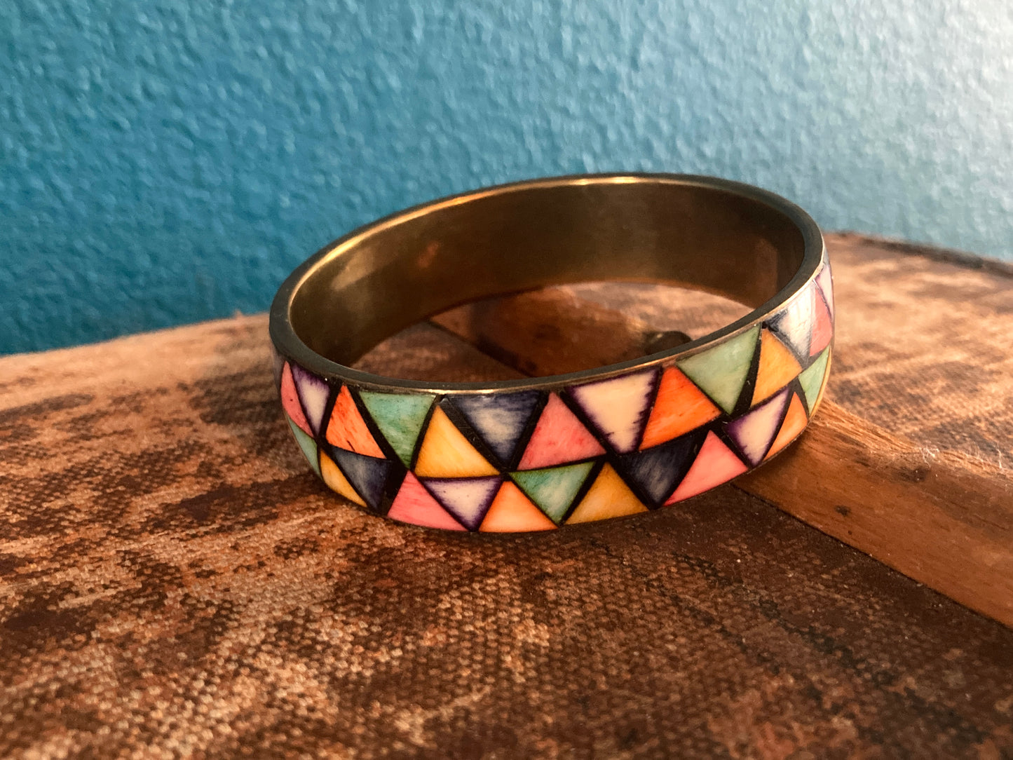 Colorful Geometric Bone Inlay Brass Bangle