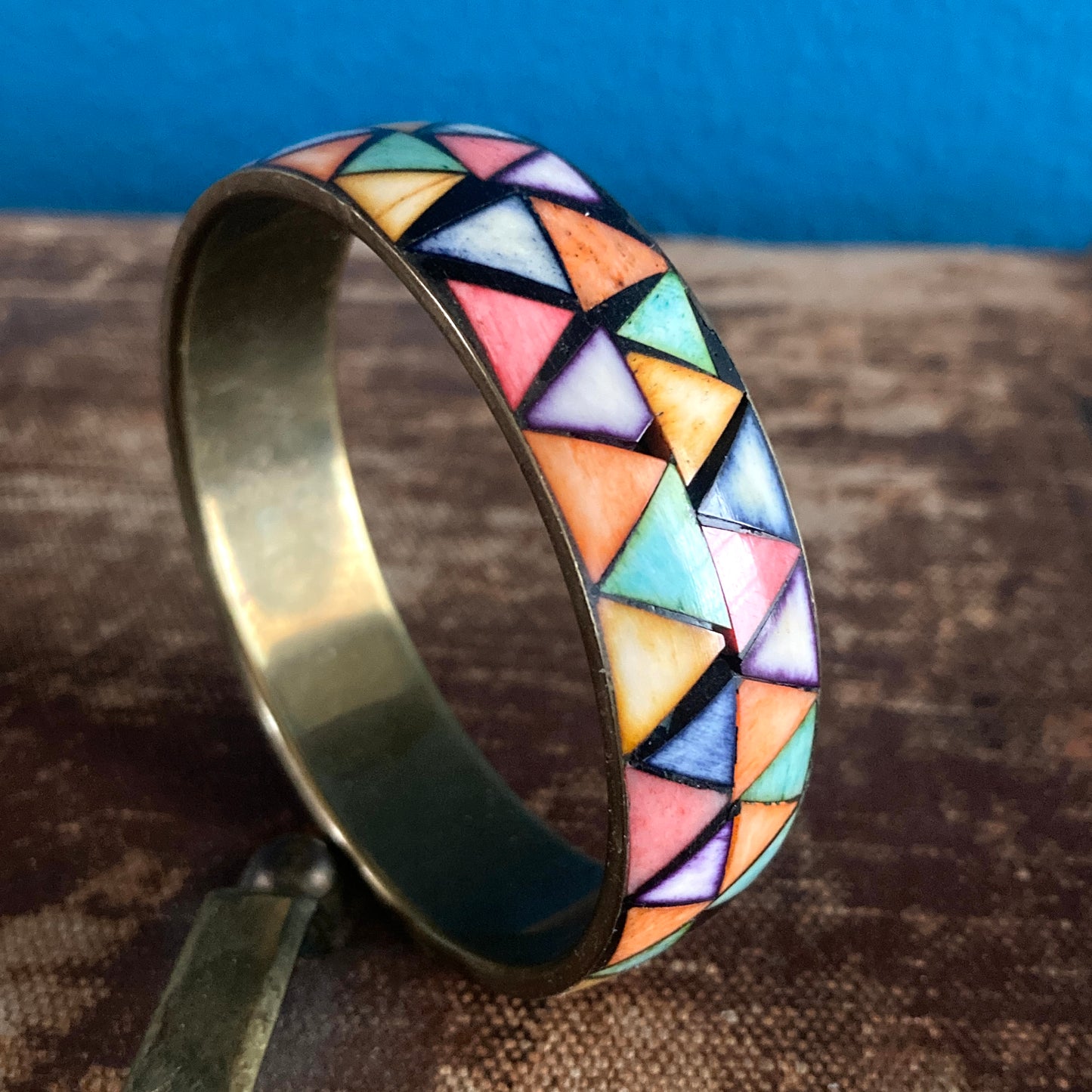 Colorful Geometric Bone Inlay Brass Bangle