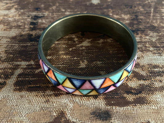 Colorful Geometric Bone Inlay Brass Bangle