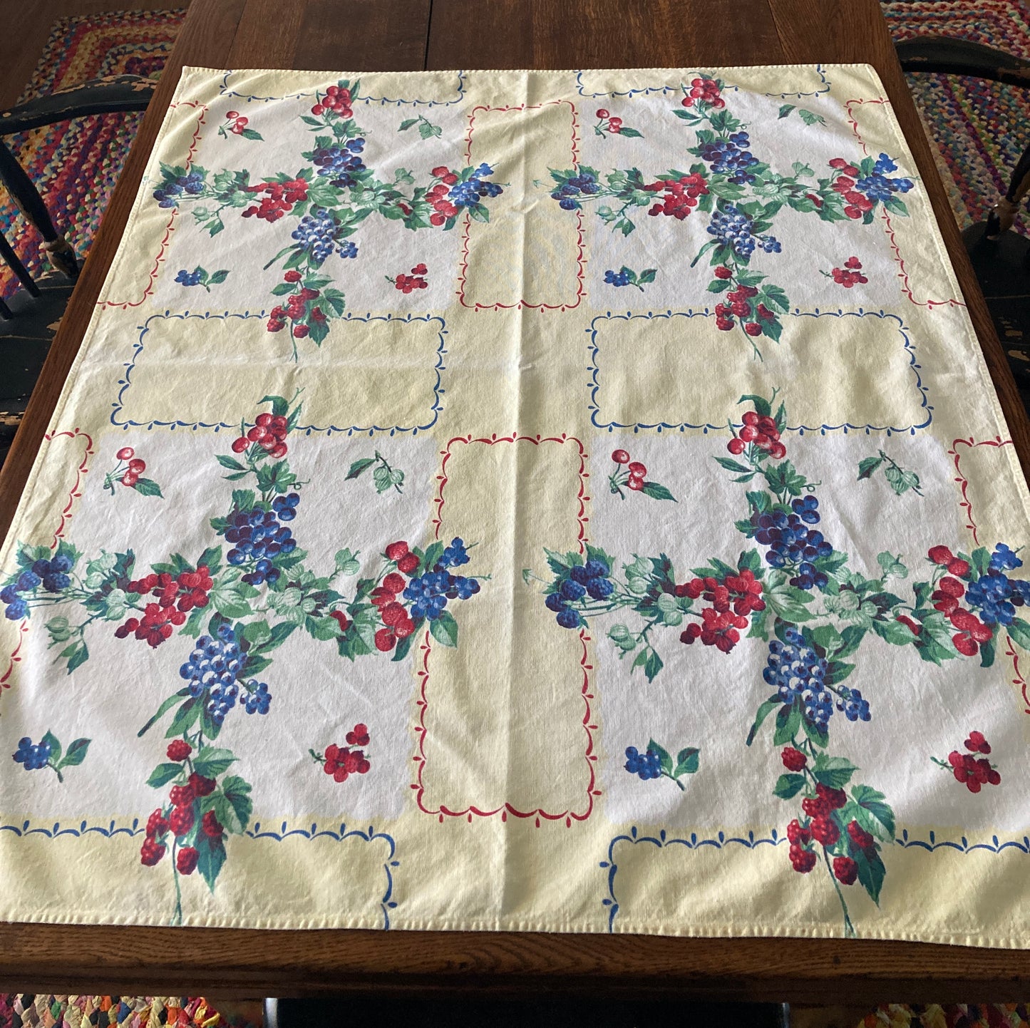Mid Century Small Printed Tablecloth Berries and Cherries