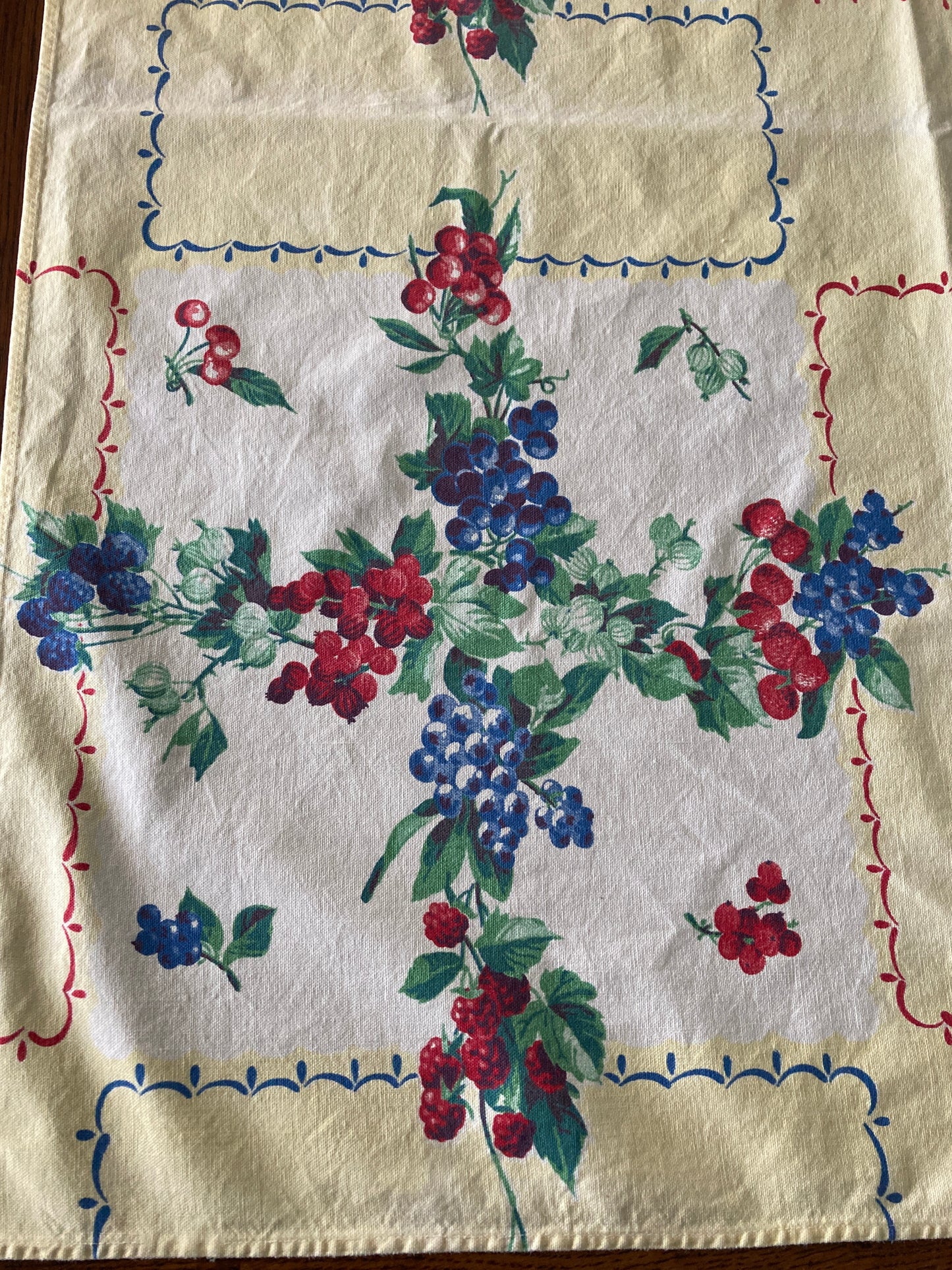 Mid Century Small Printed Tablecloth Berries and Cherries