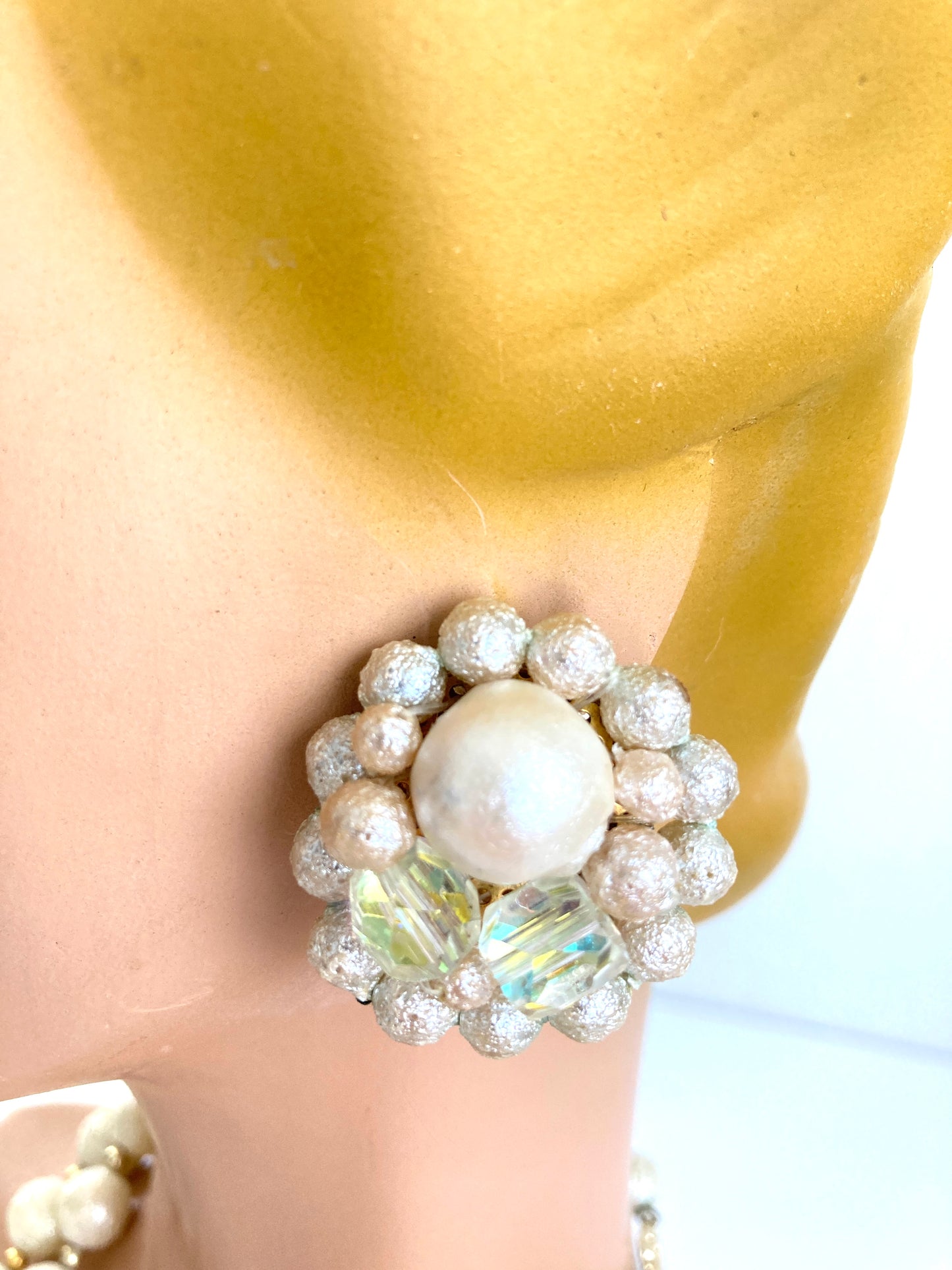Mid Century Necklace and Earrings Set in Cream