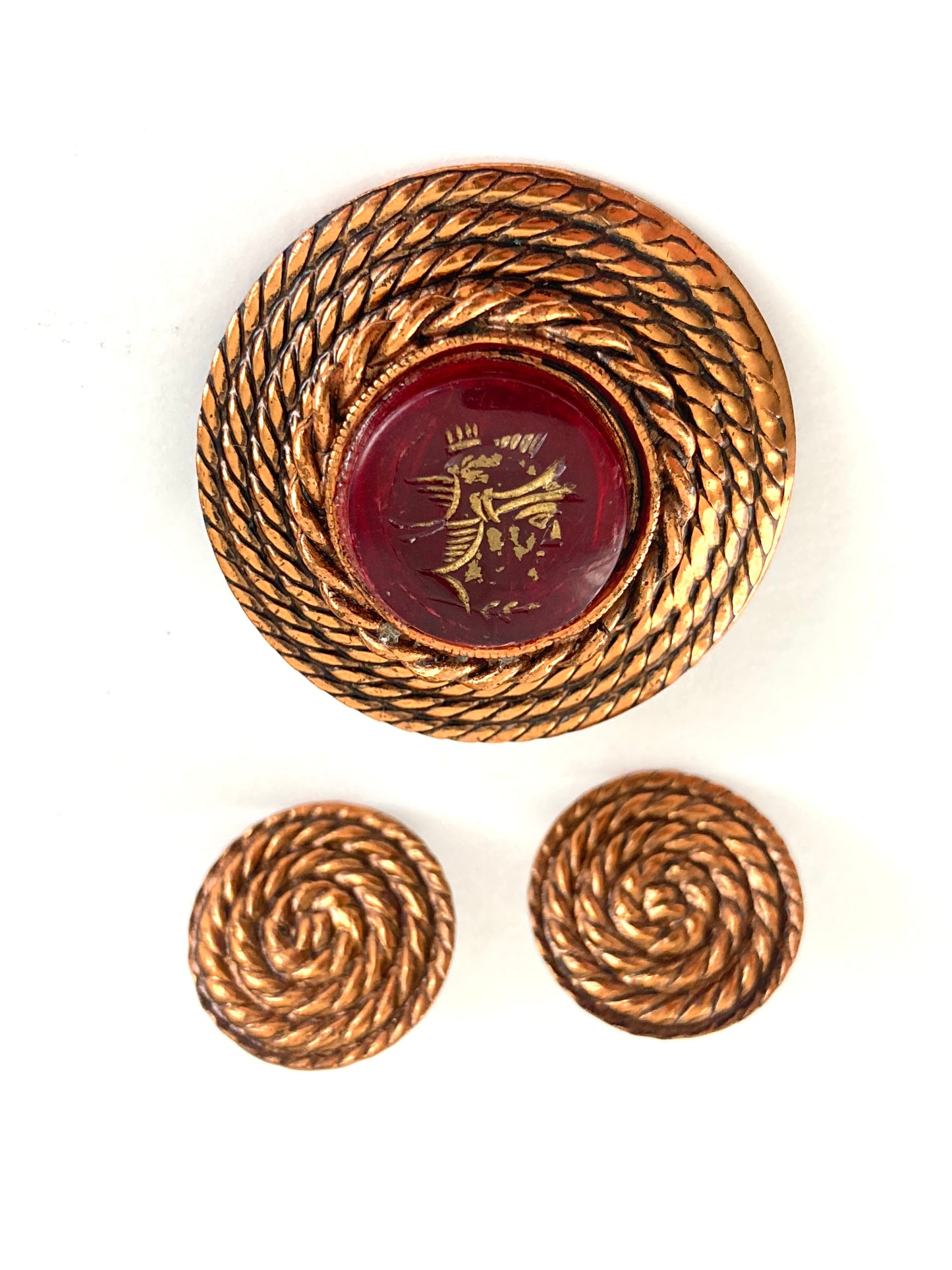 Braided Copper Brooch and Earrings Set with Intaglio