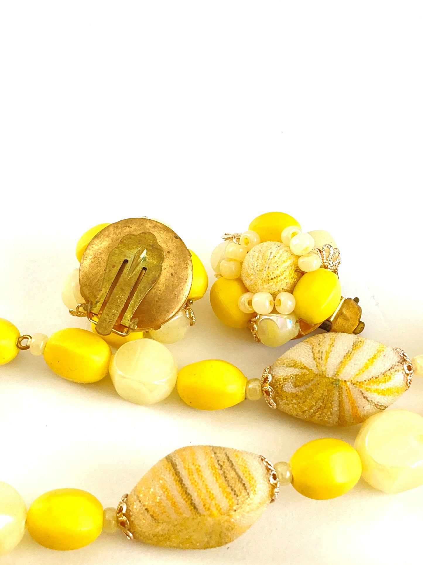 Lemon Yellow Beaded Necklace and Earrings Set 1960s West Germany