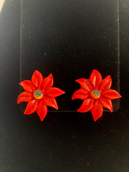 Poinsettia Earrings Vintage Clip-Ons