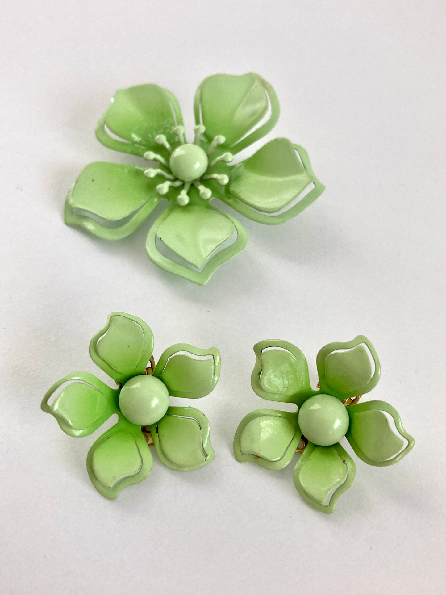 Green Enamel Flower Pin and Earrings Set