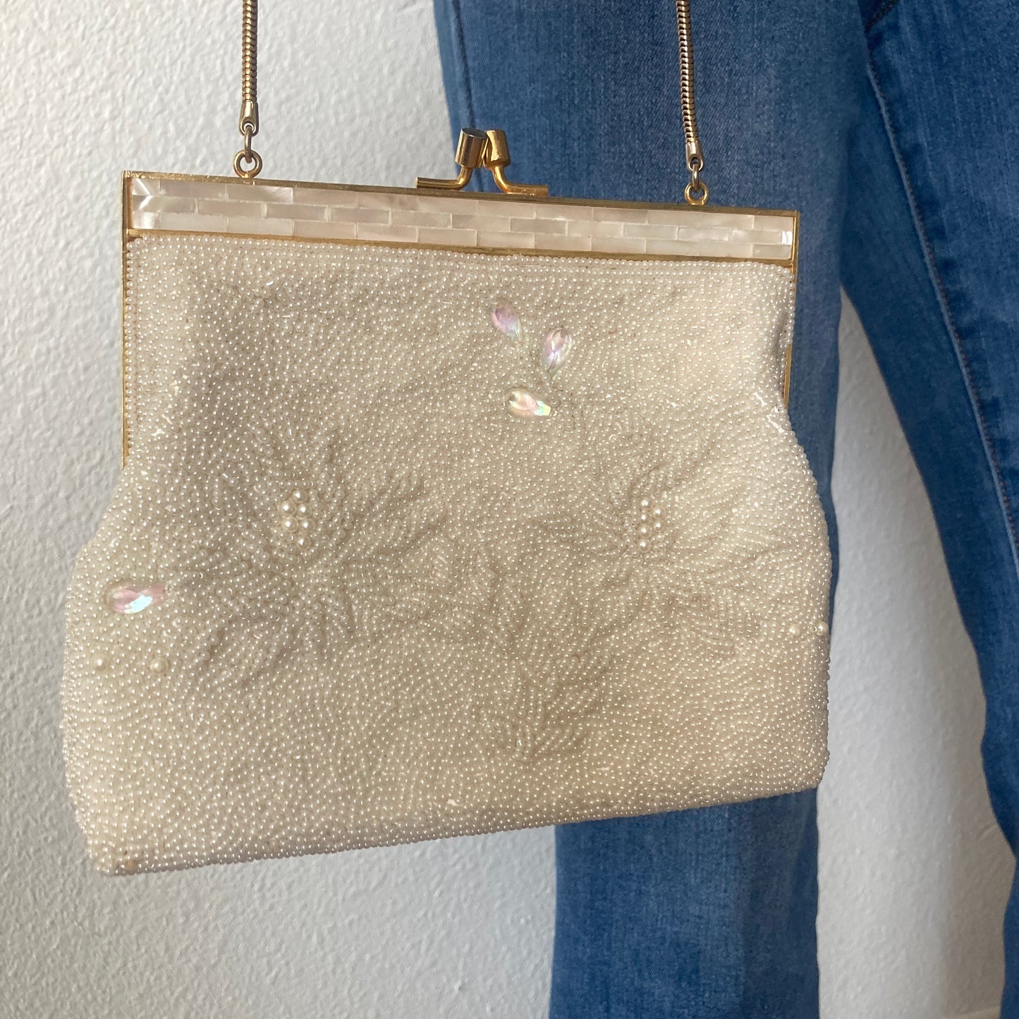 Vintage White Beaded Handbag w/ Mother of Pearl
