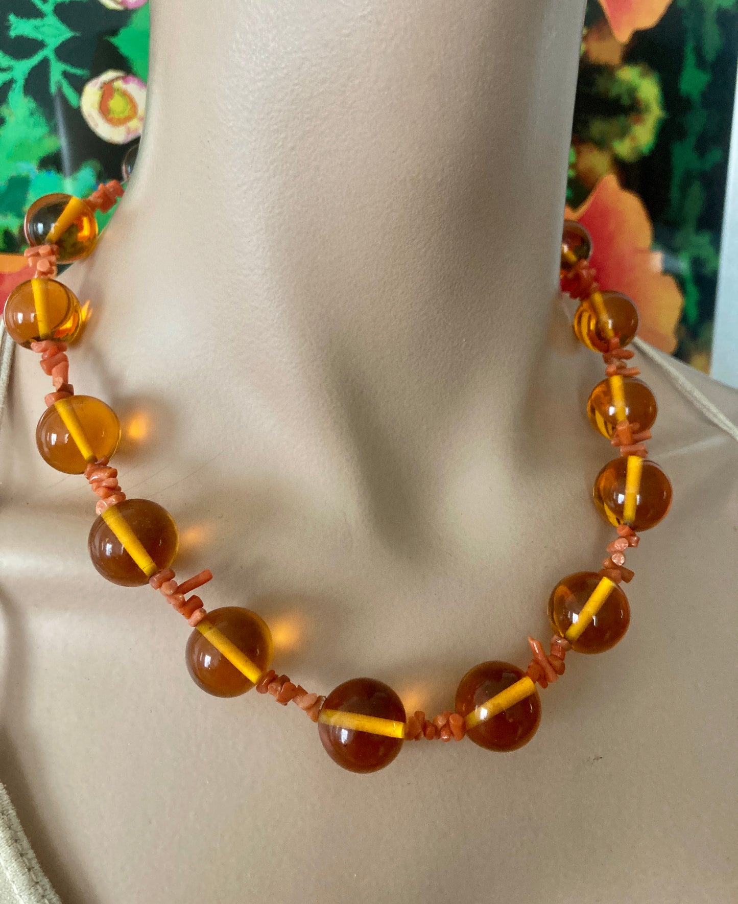 Antique Orange Glass and Coral Necklace