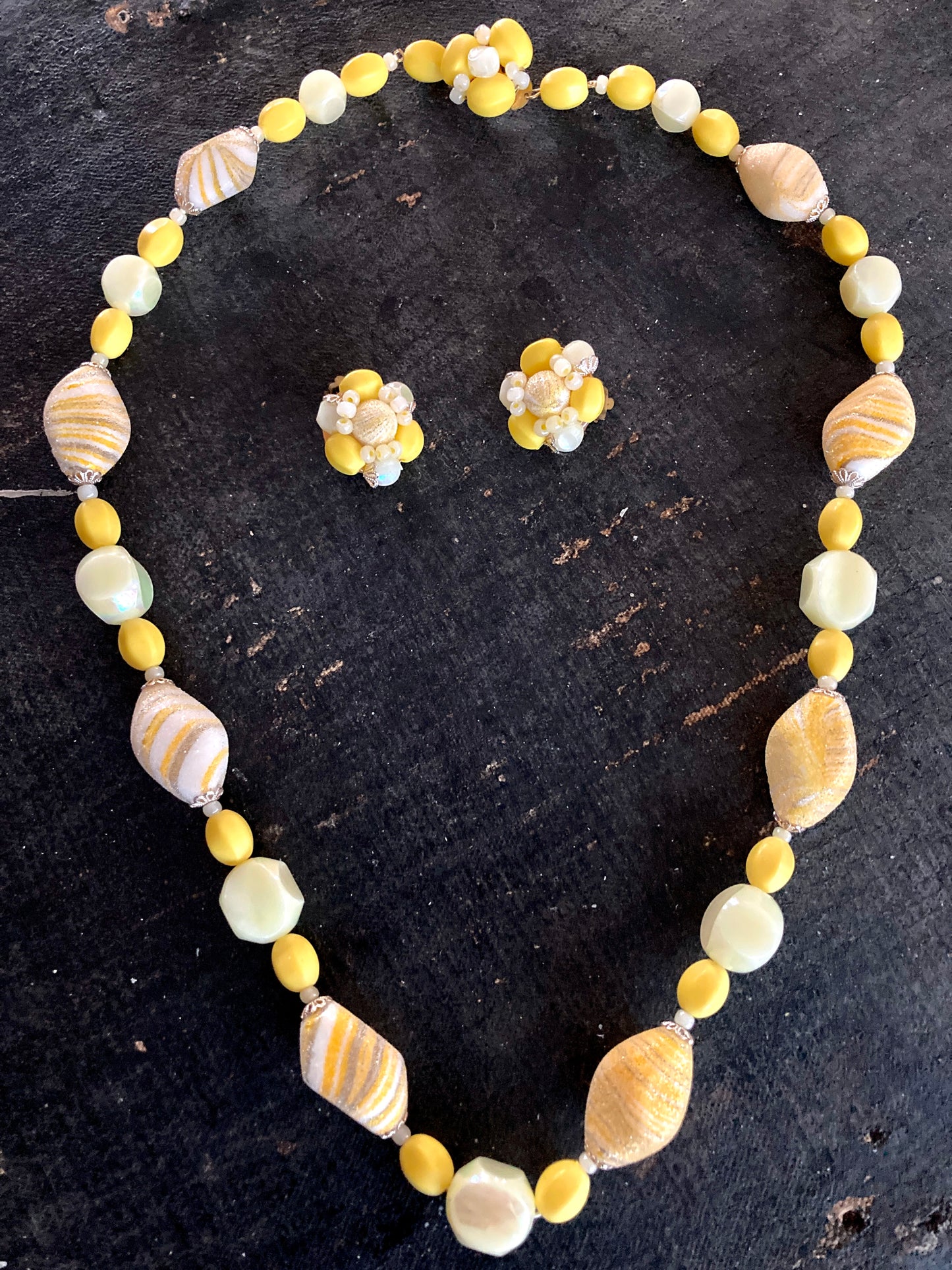 Lemon Yellow Beaded Necklace and Earrings Set 1960s West Germany