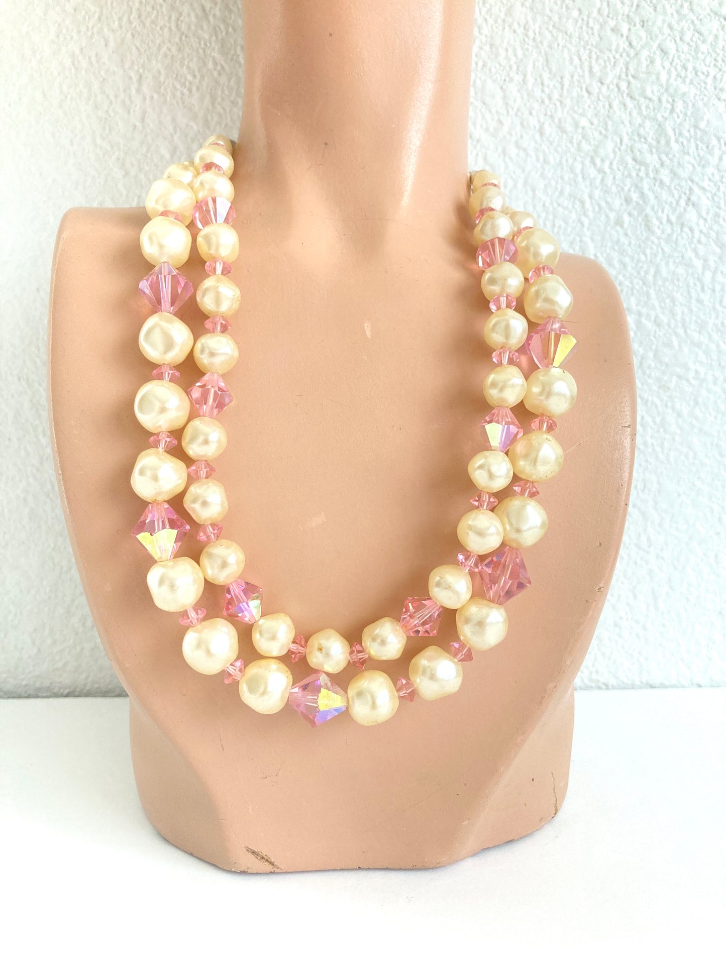 Faux Pearl and Pink Crystal Two Strand Necklace