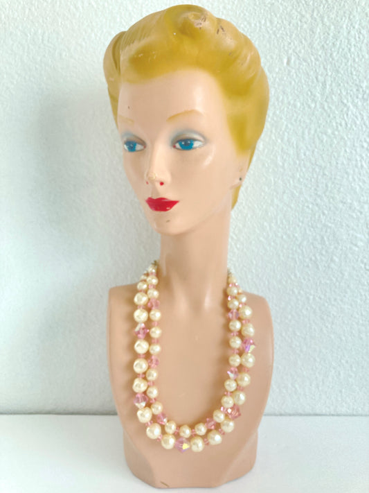 Faux Pearl and Pink Crystal Two Strand Necklace