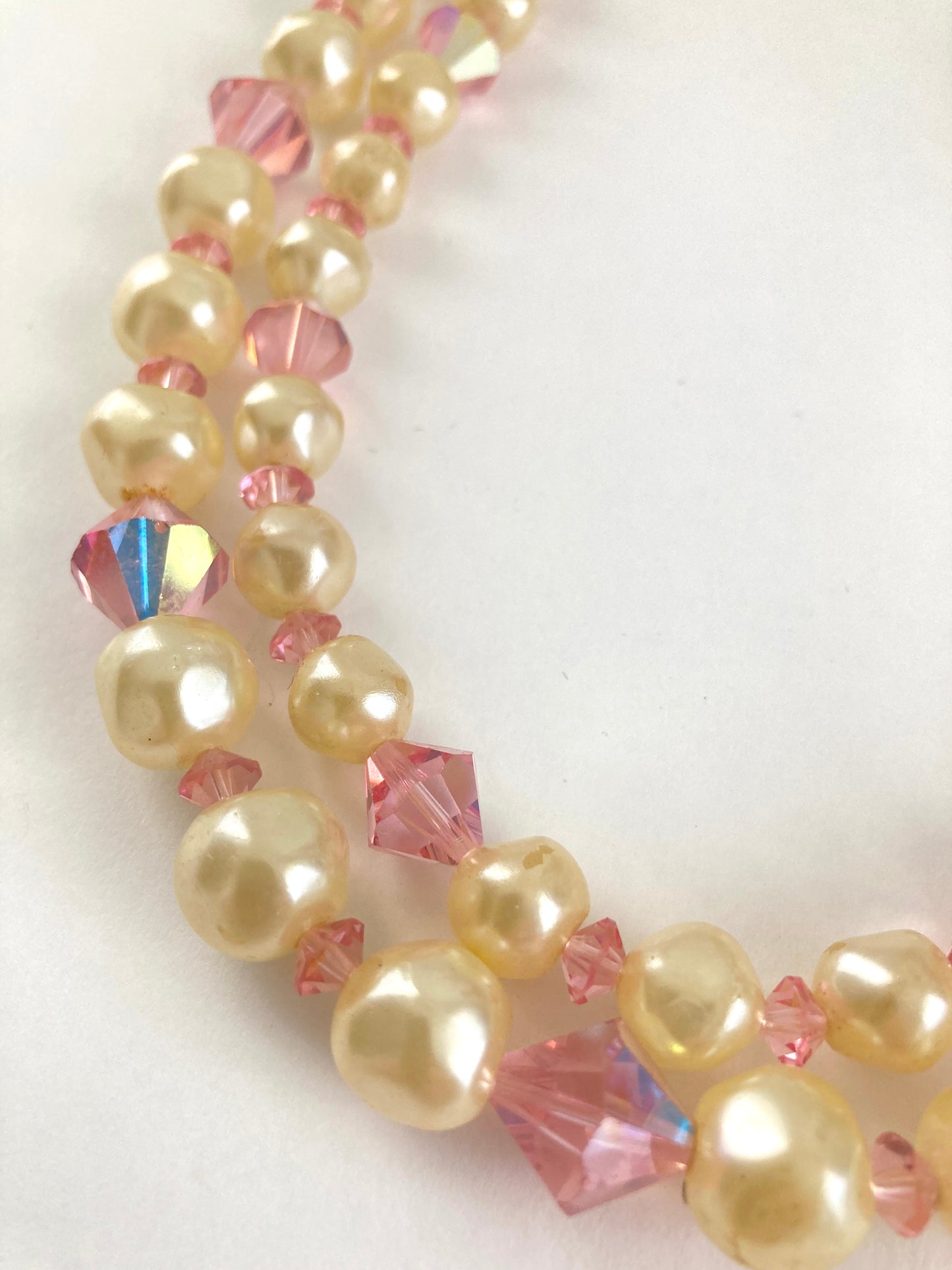 Faux Pearl and Pink Crystal Two Strand Necklace
