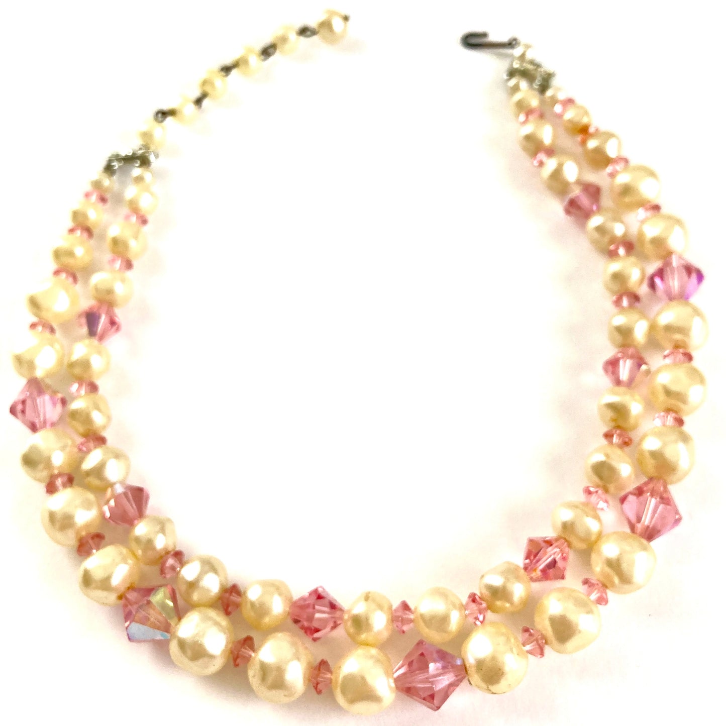Faux Pearl and Pink Crystal Two Strand Necklace