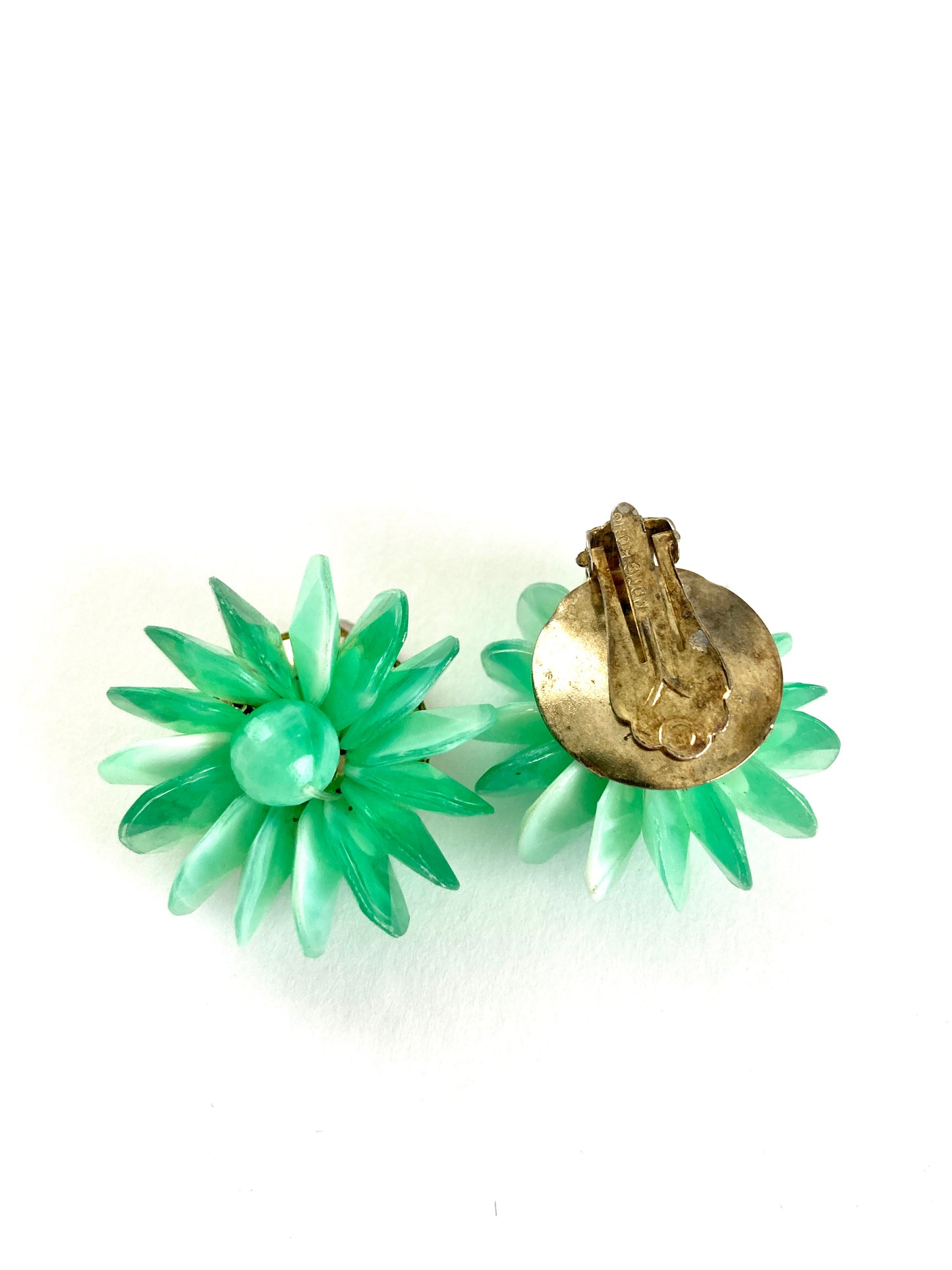 Green Beaded Flower Earrings Hong Kong Clip-on Style